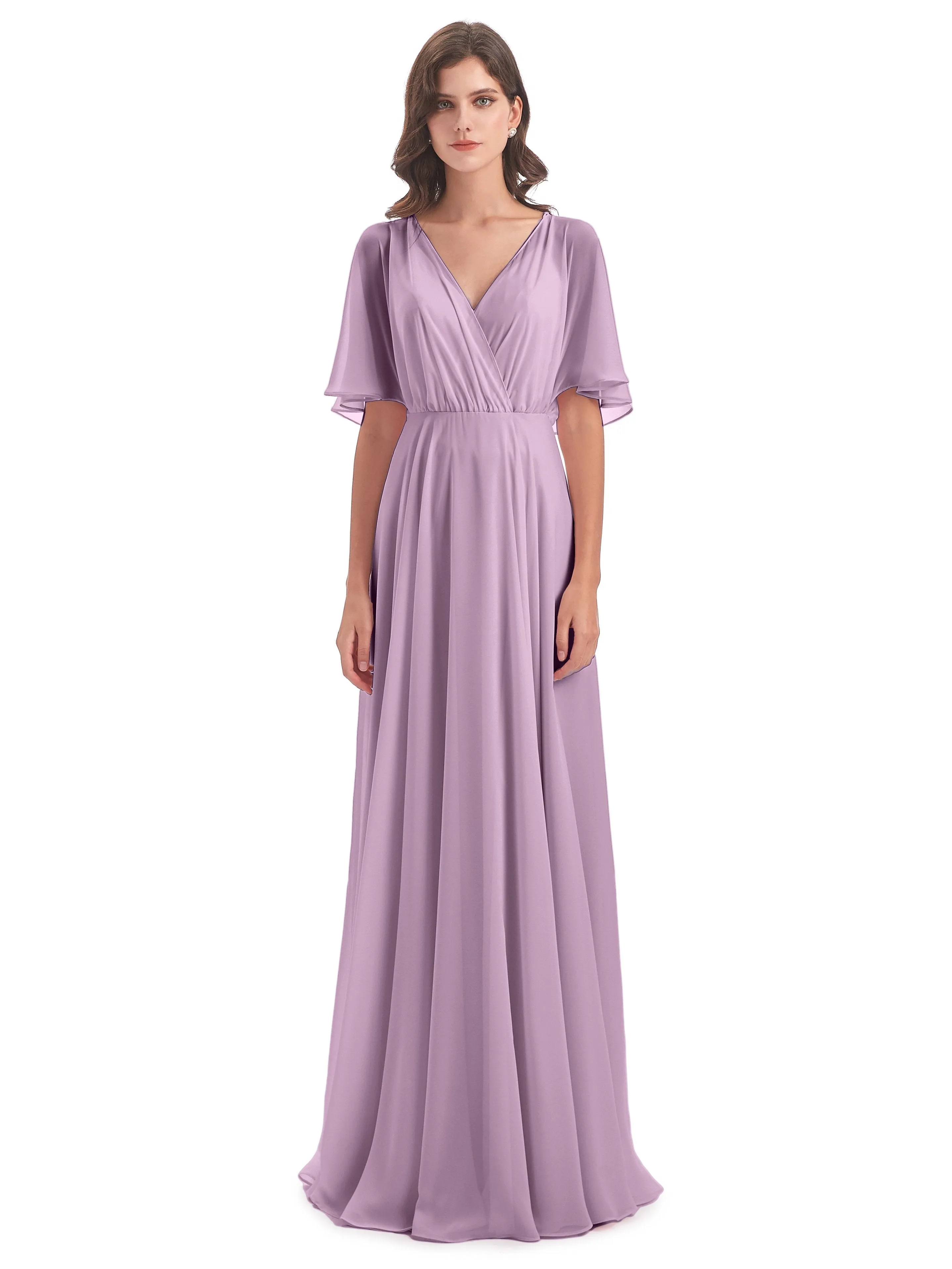 Ada Casual Chiffon A-line Short Sleeves Long Chiffon Bridesmaid Dresses