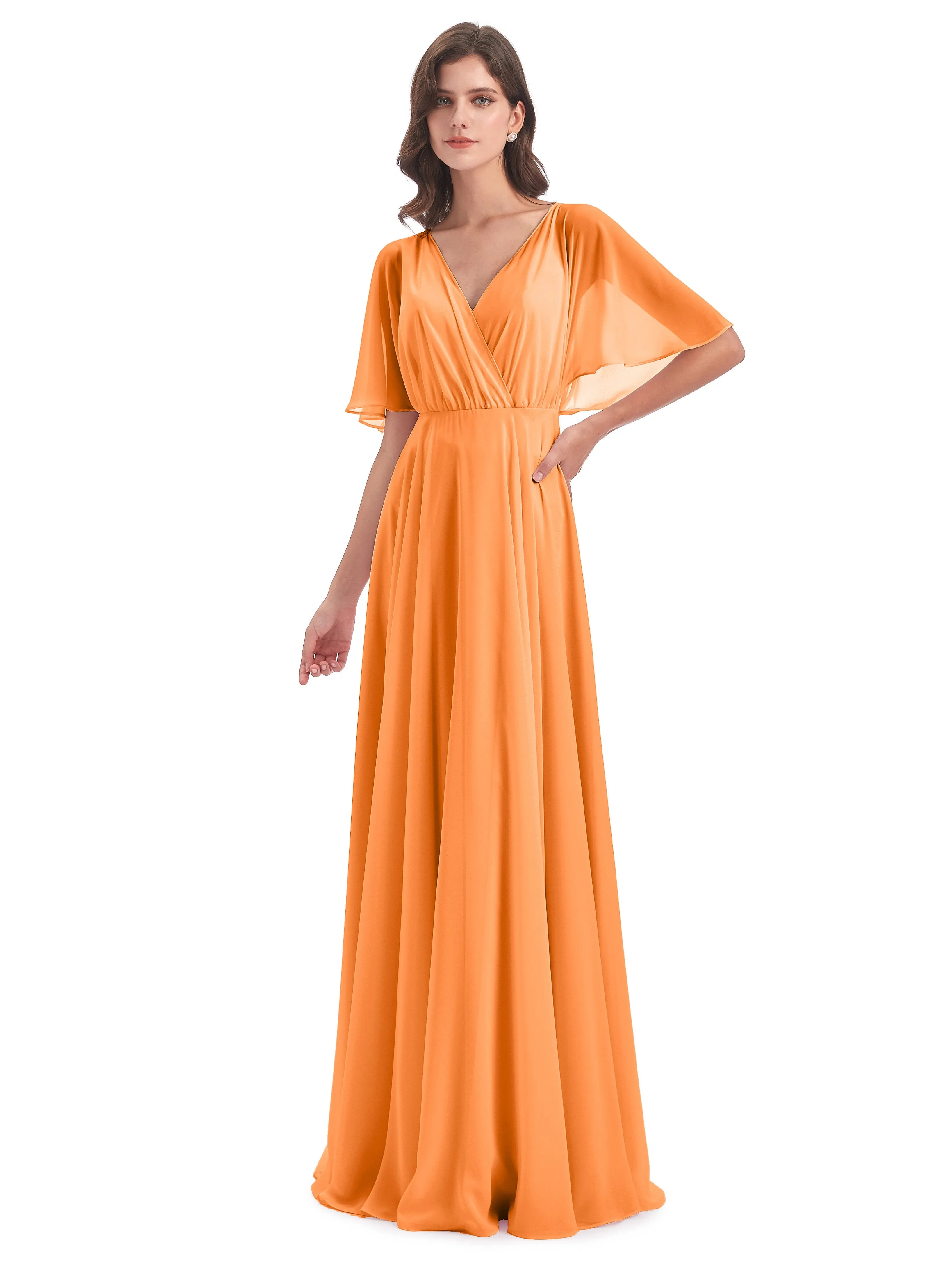 Ada Casual Chiffon A-line Short Sleeves Long Chiffon Bridesmaid Dresses