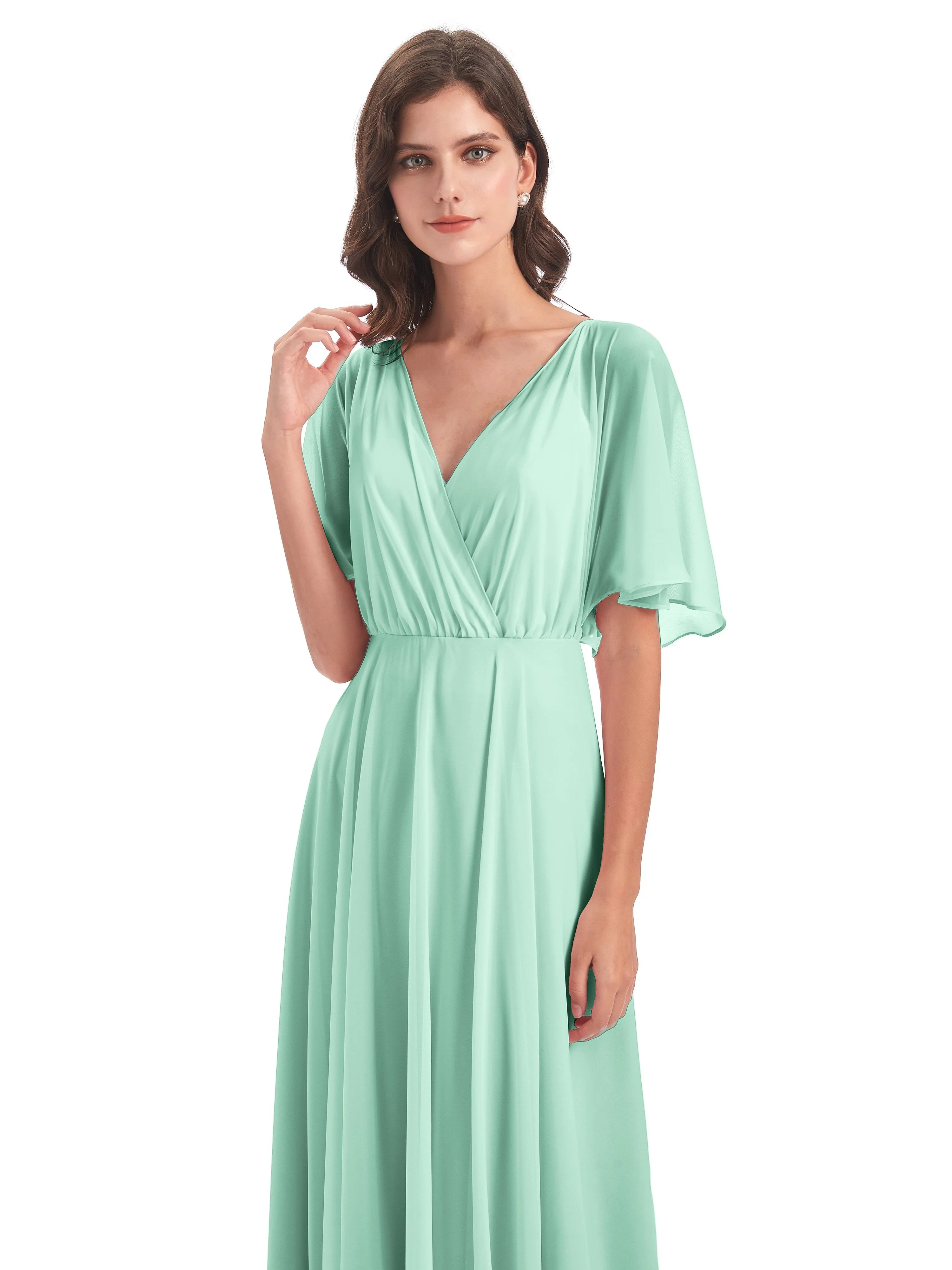 Ada Casual Chiffon A-line Short Sleeves Long Chiffon Bridesmaid Dresses