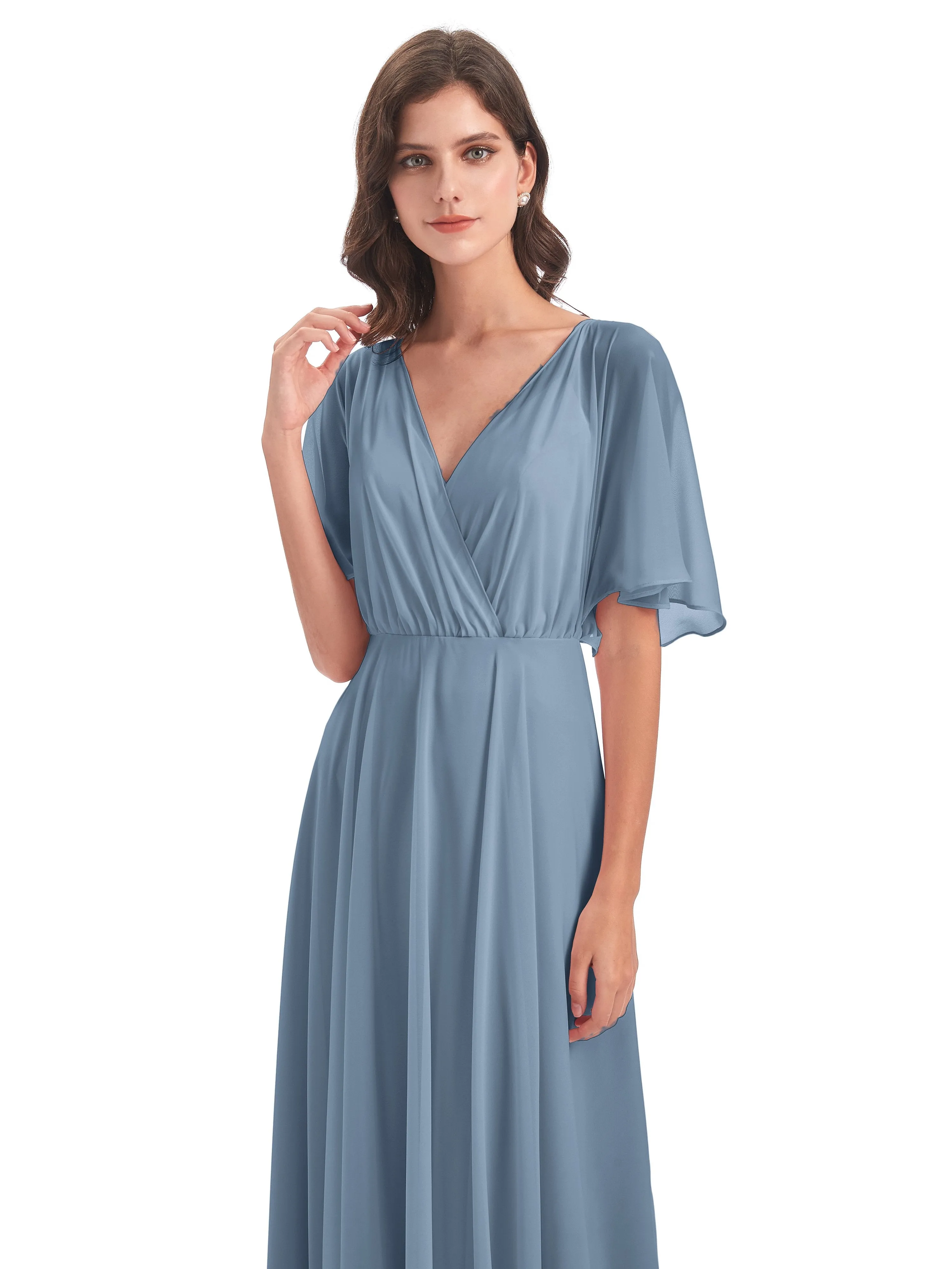 Ada Casual Chiffon A-line Short Sleeves Long Chiffon Bridesmaid Dresses