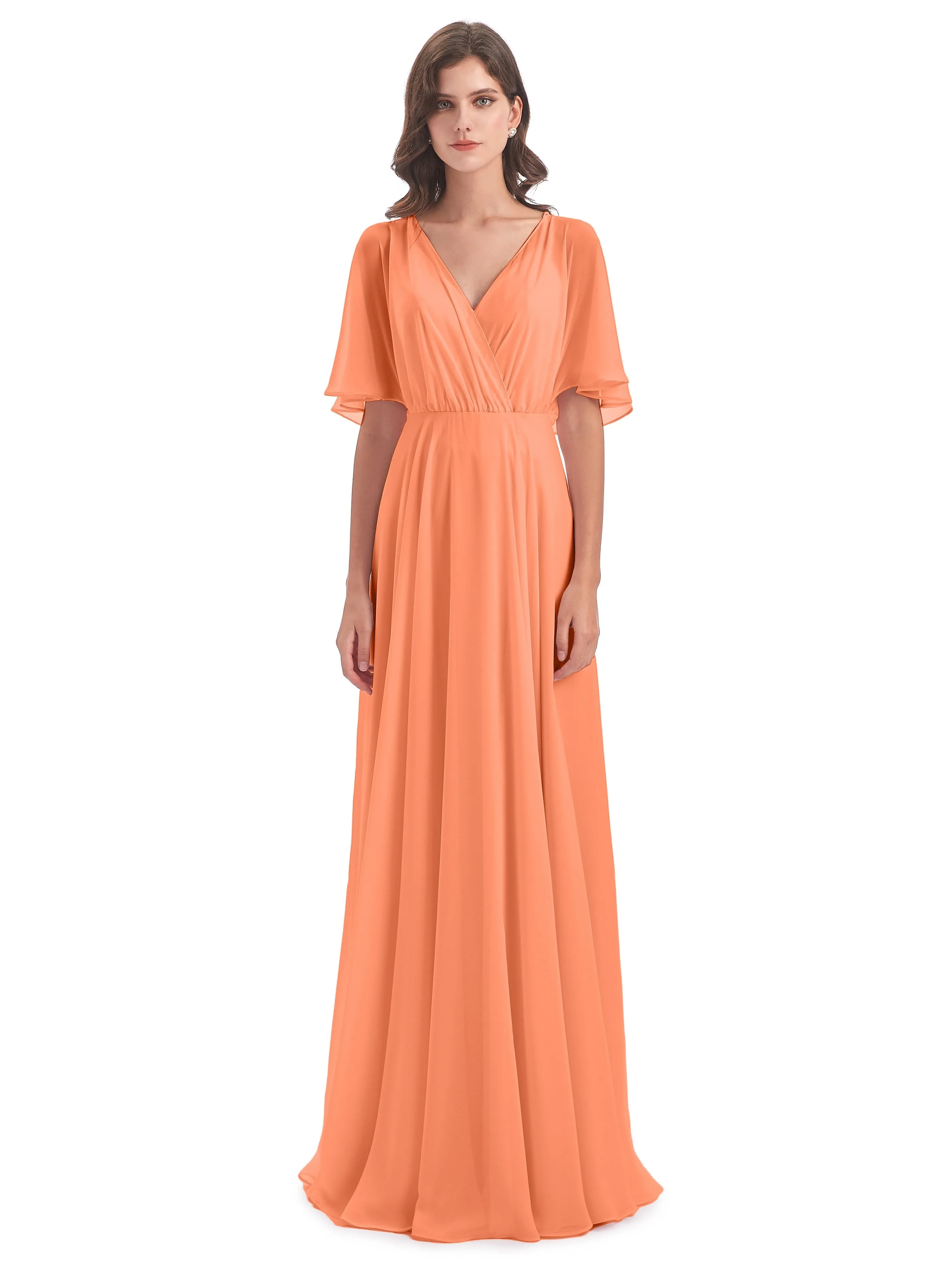 Ada Casual Chiffon A-line Short Sleeves Long Chiffon Bridesmaid Dresses