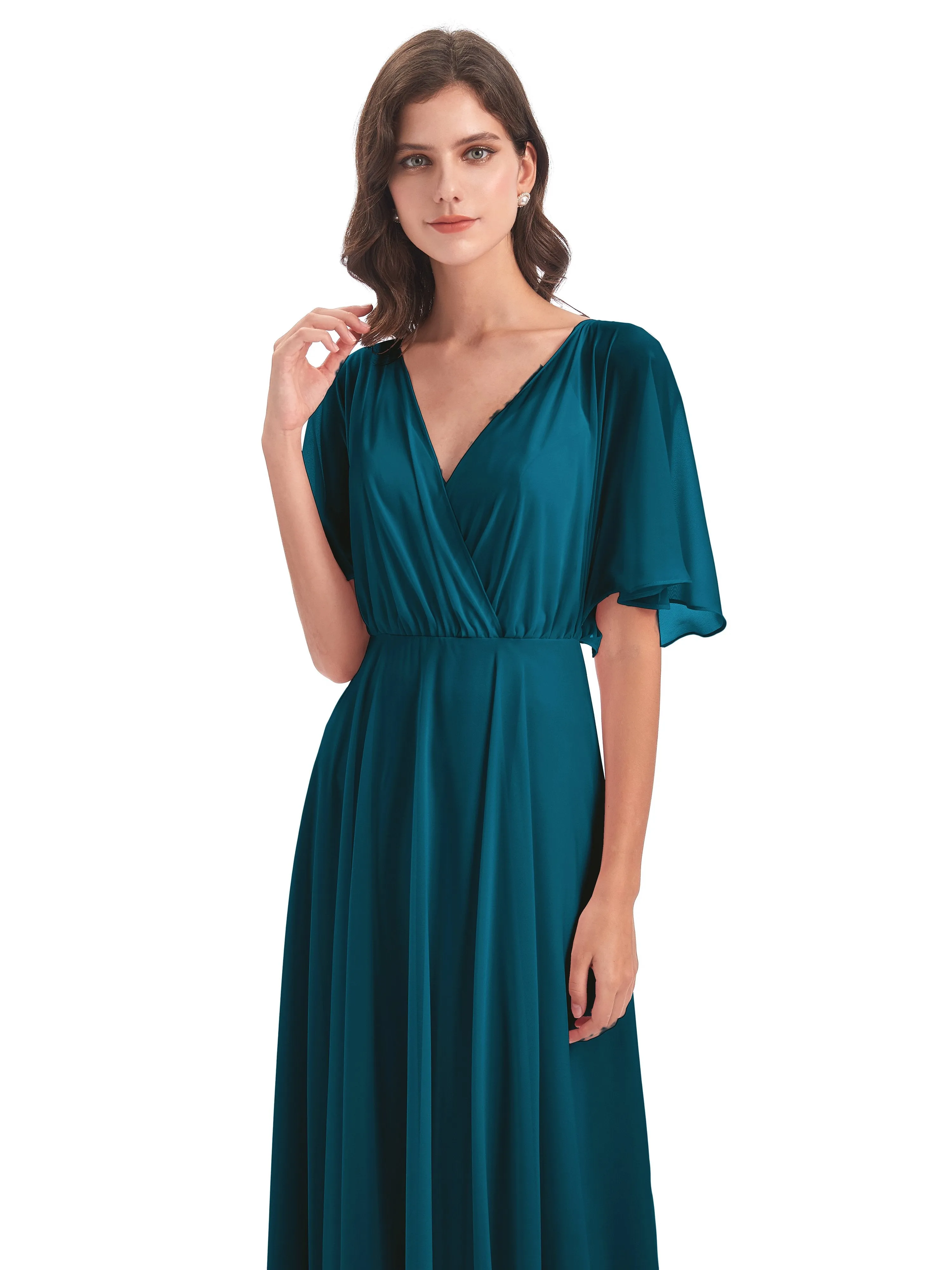 Ada Casual Chiffon A-line Short Sleeves Long Chiffon Bridesmaid Dresses