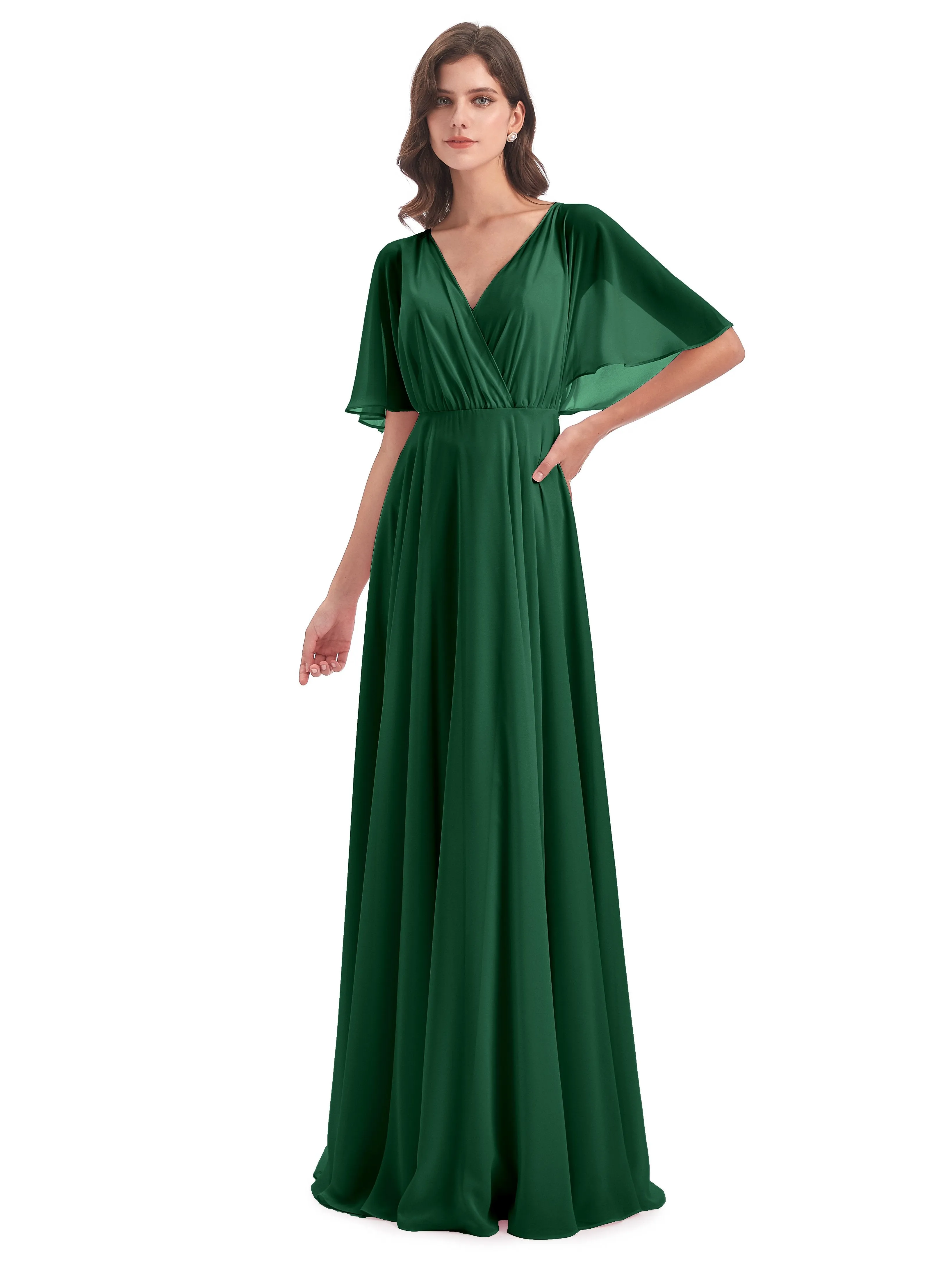 Ada Casual Chiffon A-line Short Sleeves Long Chiffon Bridesmaid Dresses