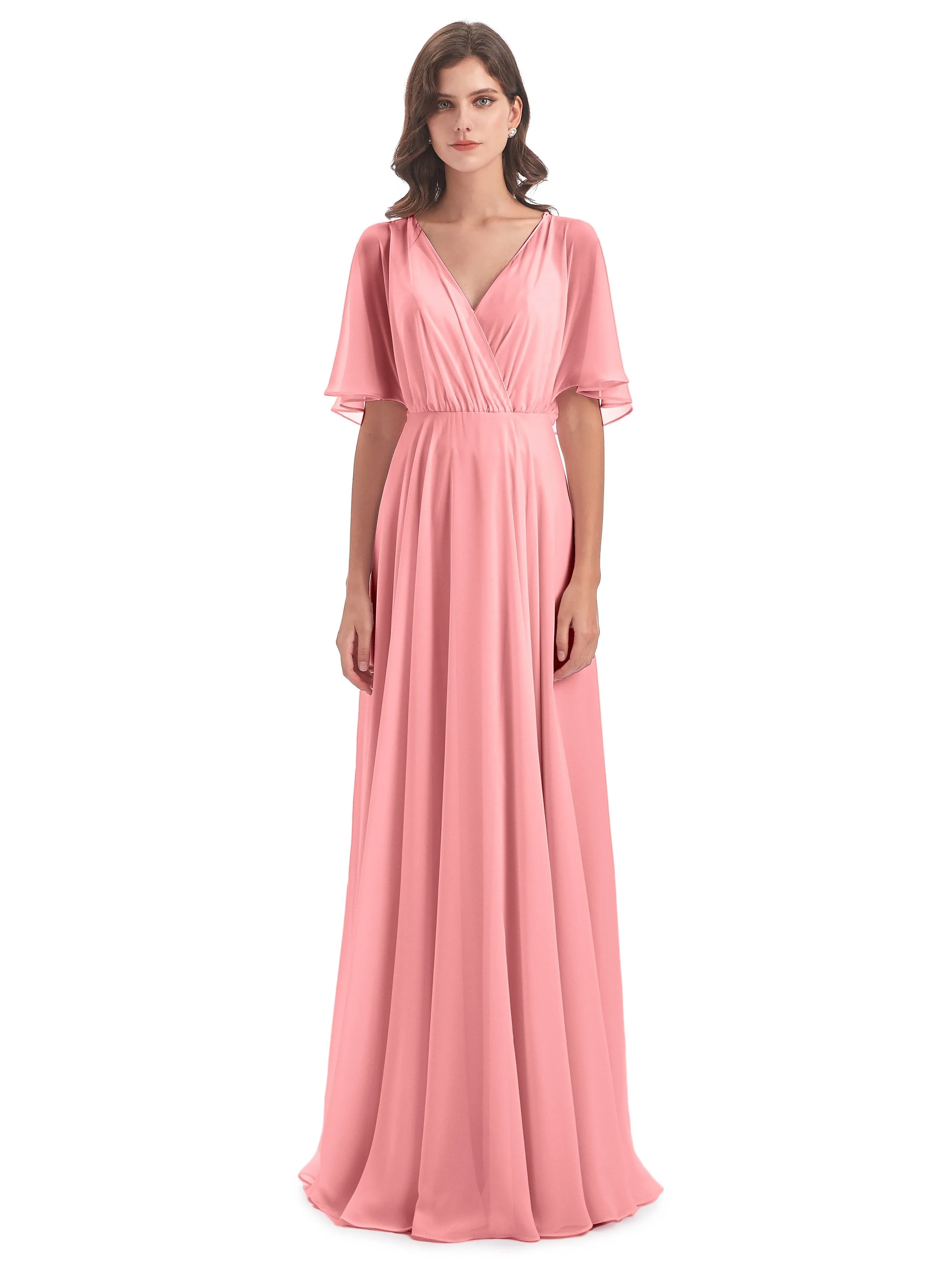 Ada Casual Chiffon A-line Short Sleeves Long Chiffon Bridesmaid Dresses