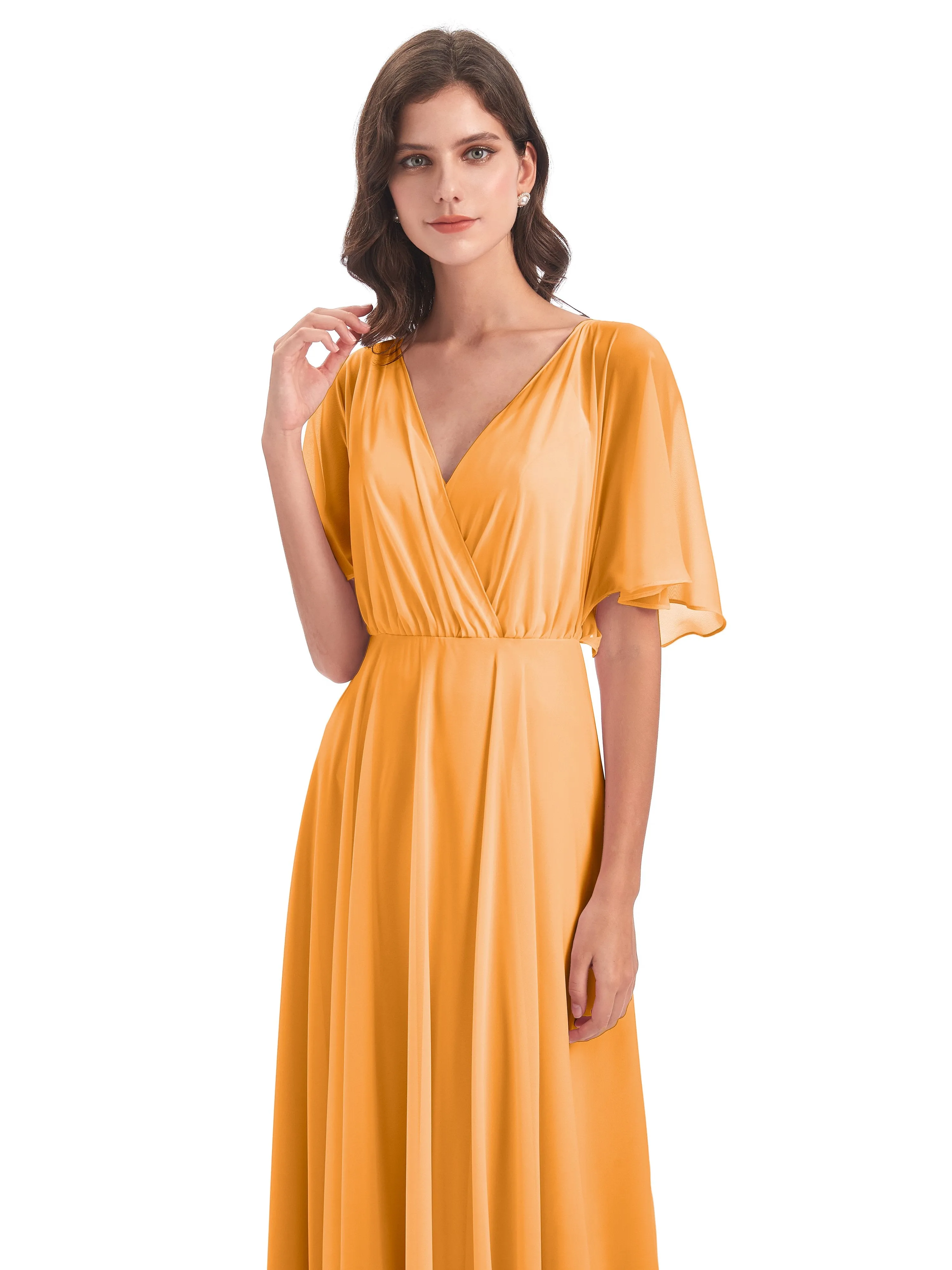 Ada Casual Chiffon A-line Short Sleeves Long Chiffon Bridesmaid Dresses