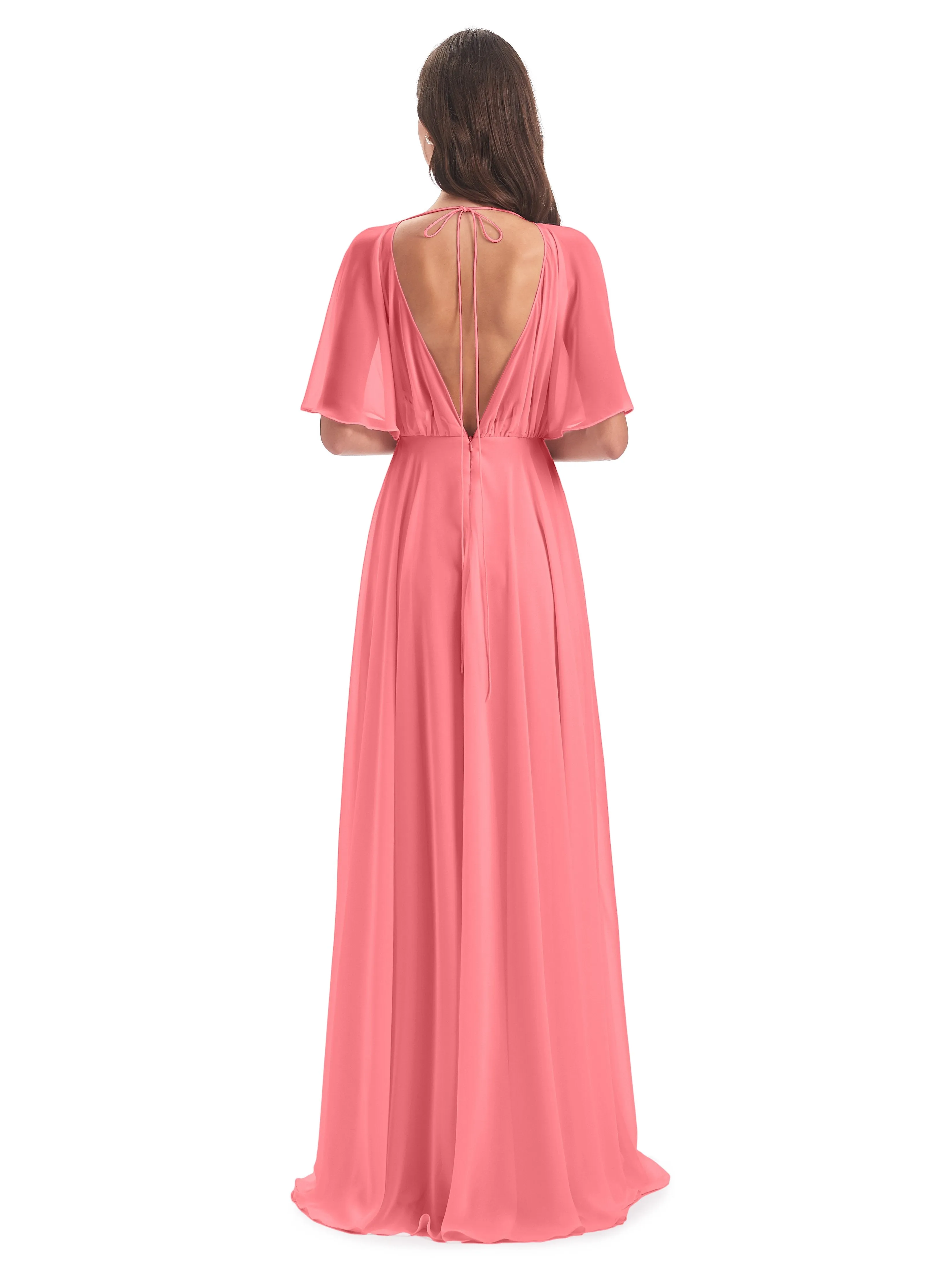 Ada Casual Chiffon A-line Short Sleeves Long Chiffon Bridesmaid Dresses