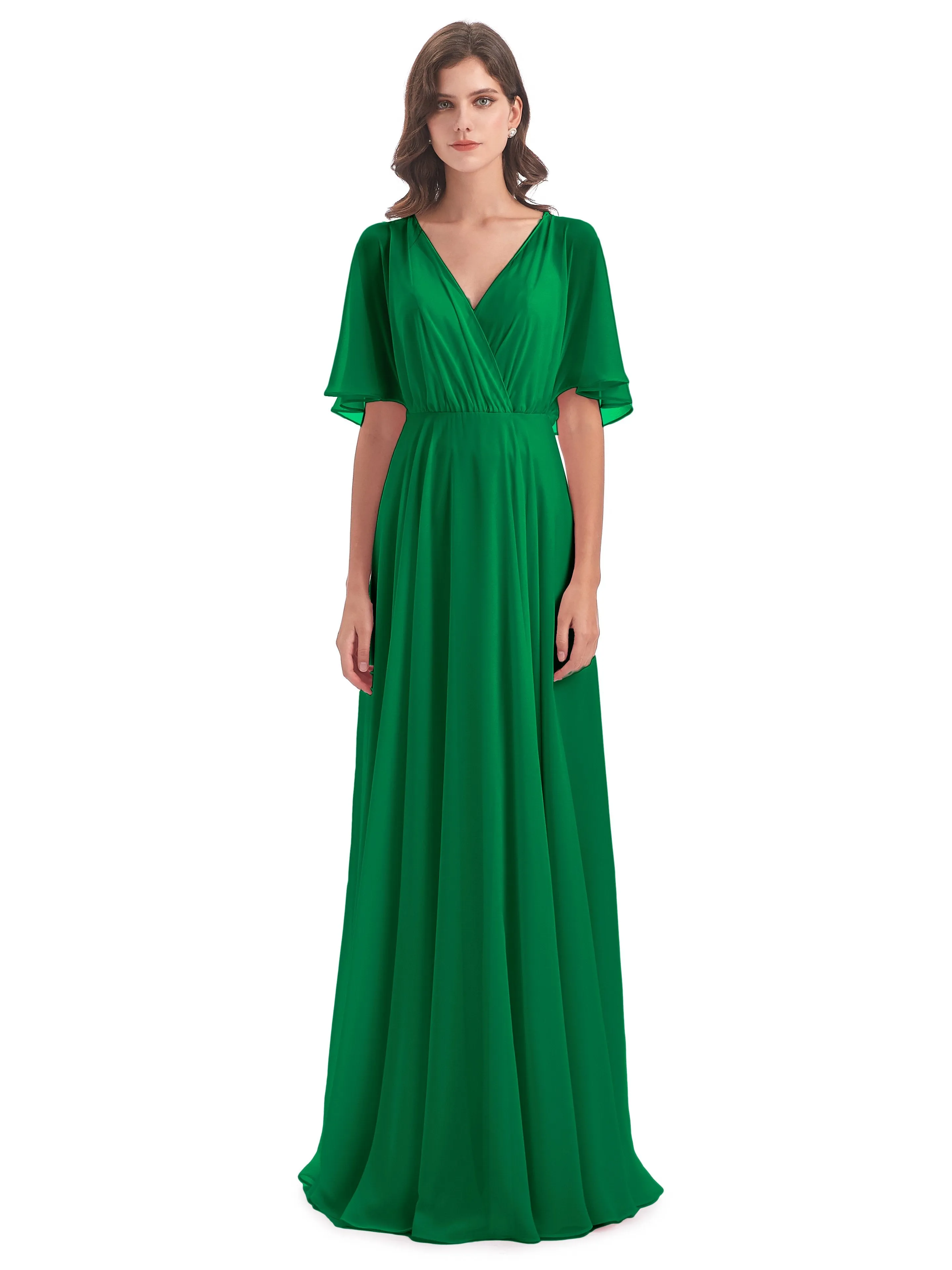 Ada Casual Chiffon A-line Short Sleeves Long Chiffon Bridesmaid Dresses