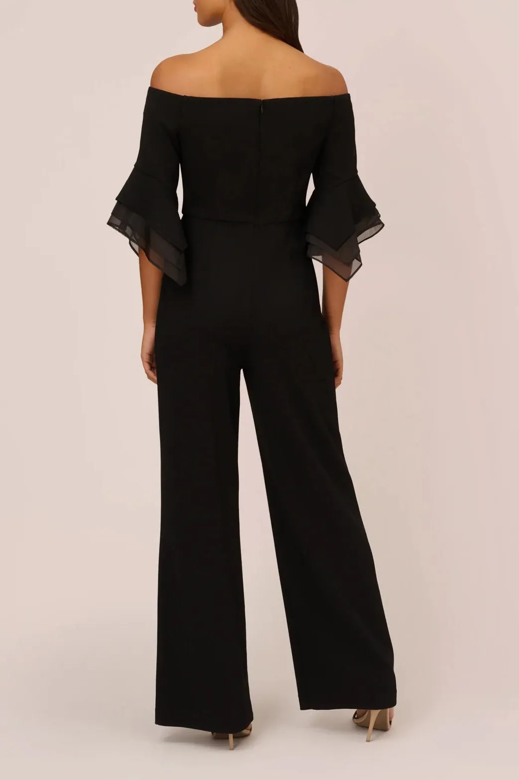 Adrianna Papell Off Shoulder Flounce Sleeve Zipper Back Jumpsuit