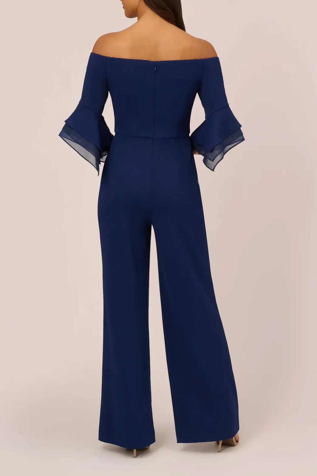 Adrianna Papell Off Shoulder Flounce Sleeve Zipper Back Jumpsuit