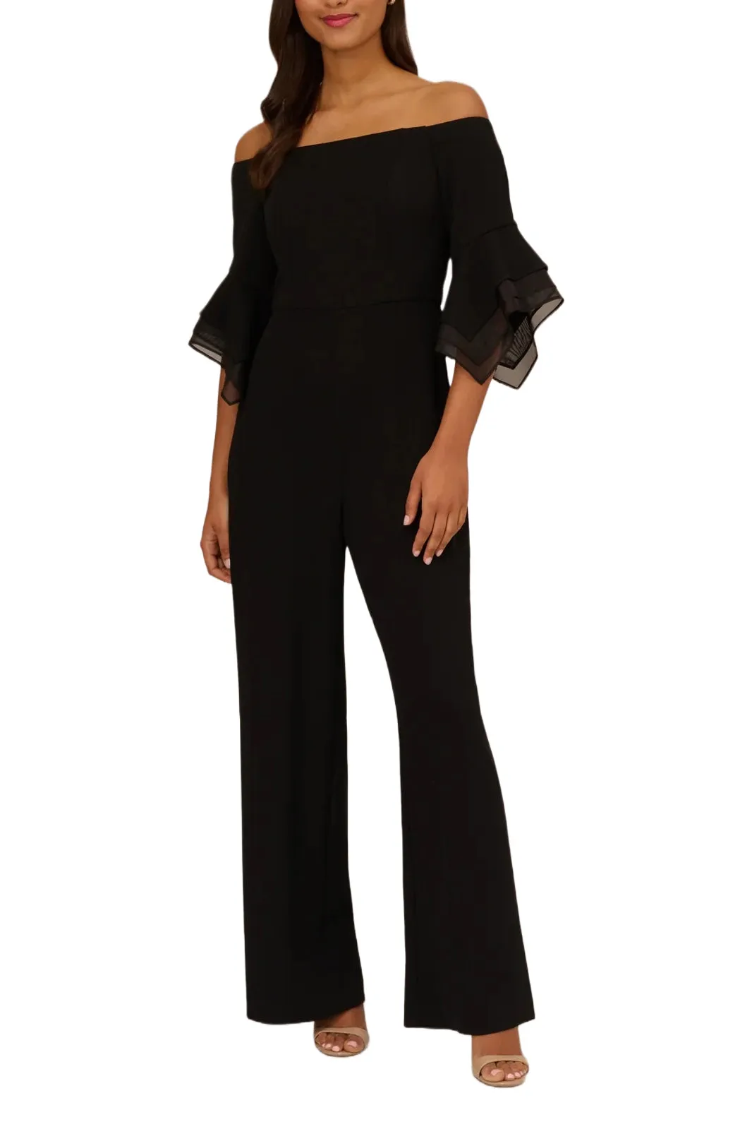 Adrianna Papell Off Shoulder Flounce Sleeve Zipper Back Jumpsuit