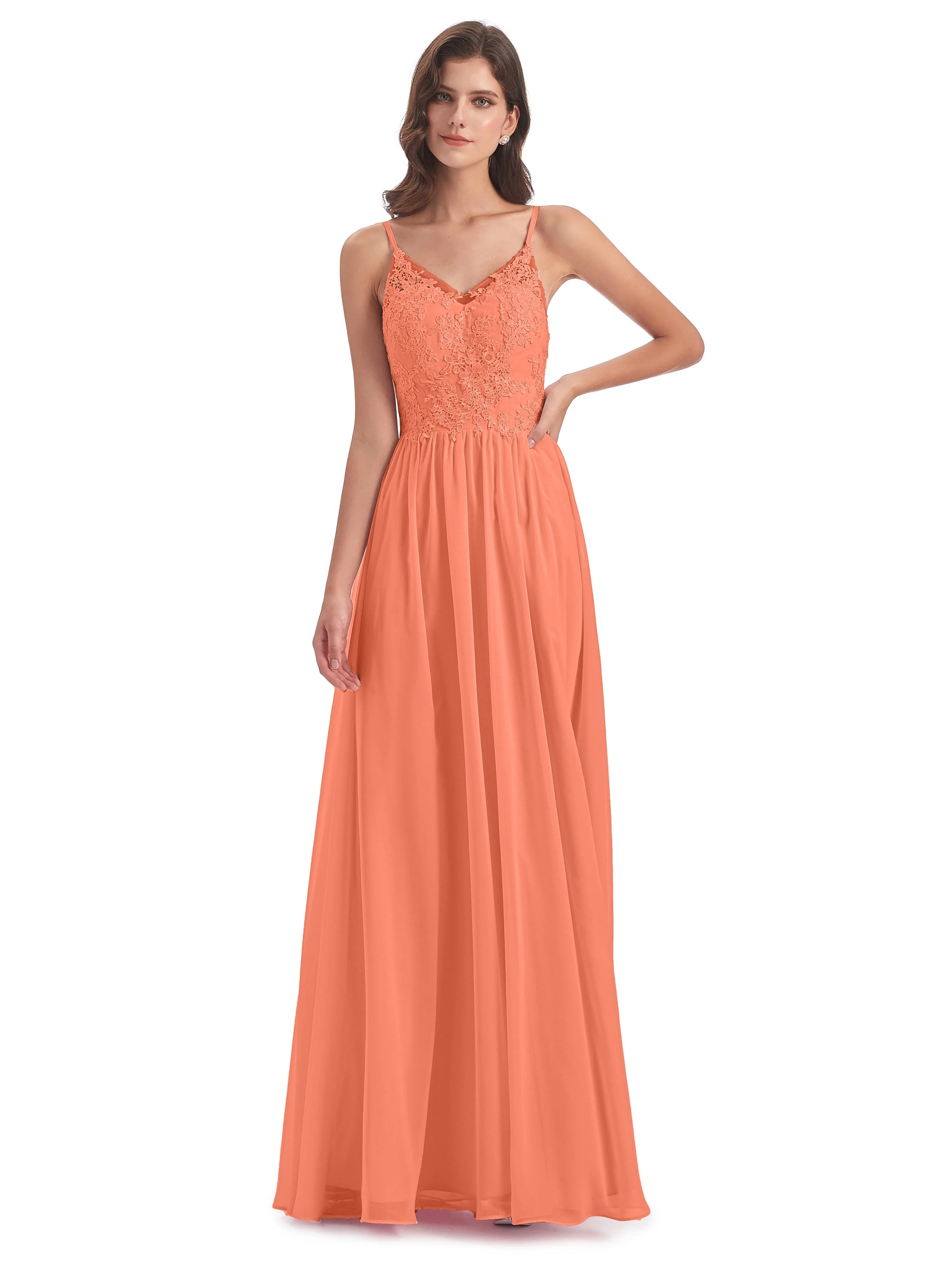 Amelia Pretty A-line Spaghetti Straps Long Bridesmaid Dresses