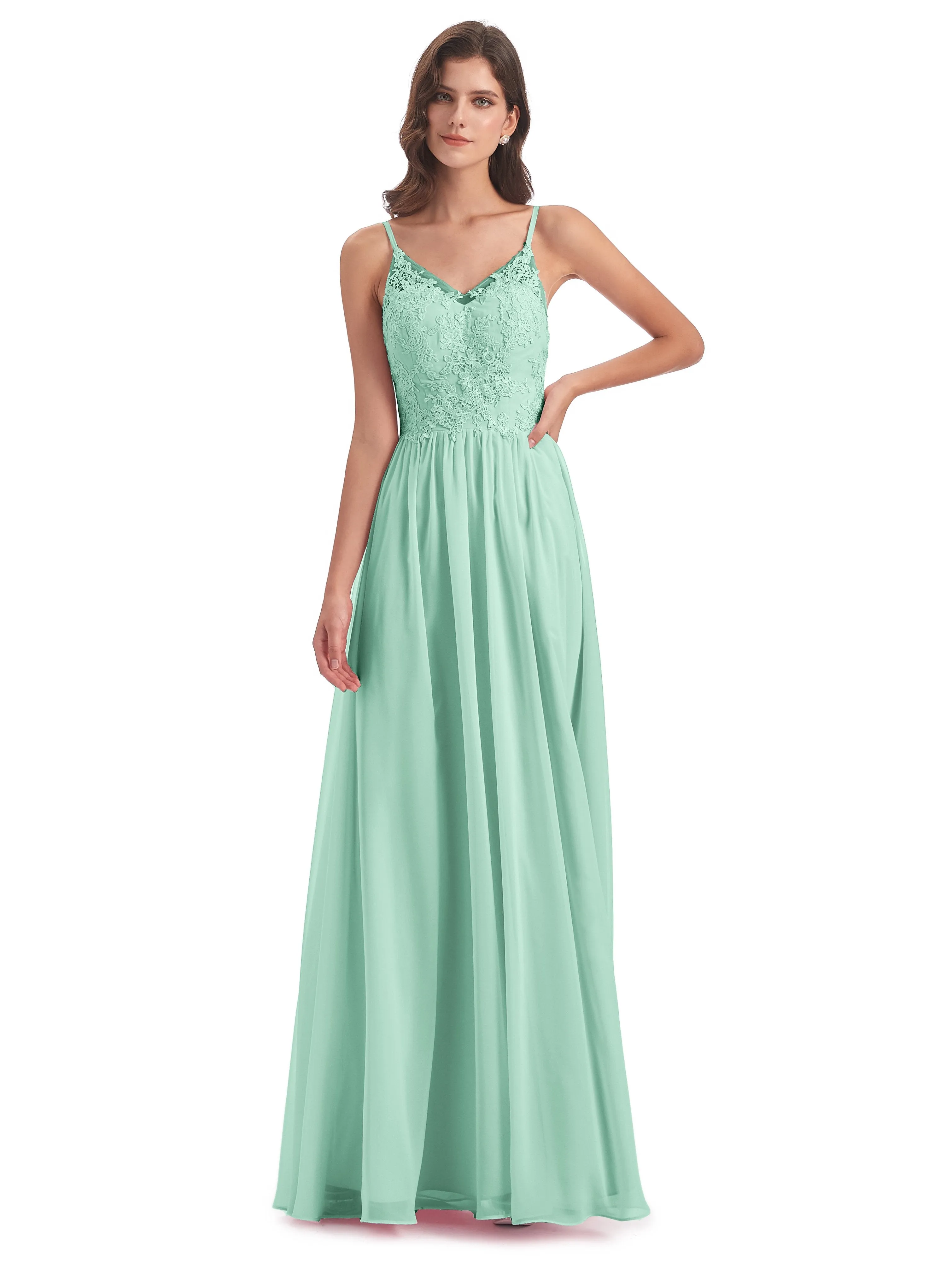 Amelia Pretty A-line Spaghetti Straps Long Bridesmaid Dresses