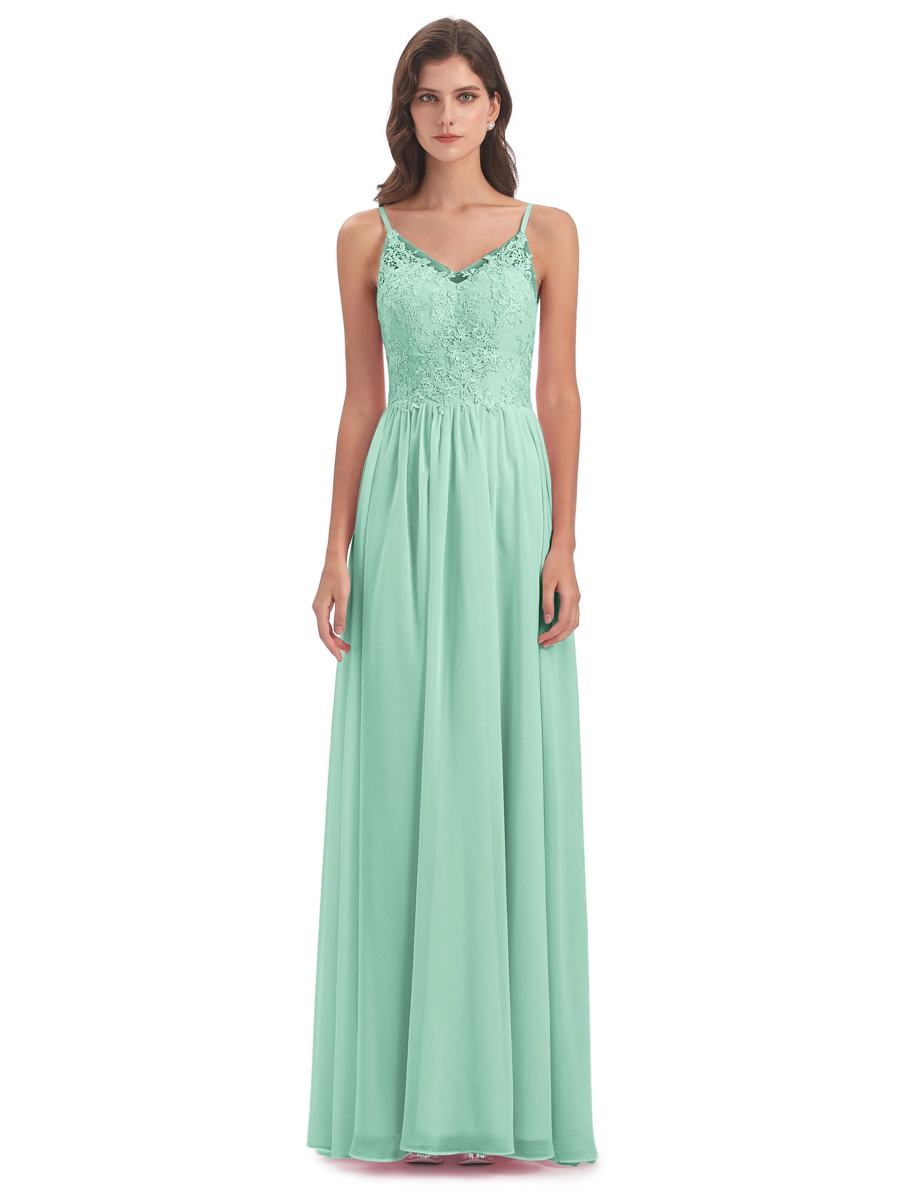 Amelia Pretty A-line Spaghetti Straps Long Bridesmaid Dresses