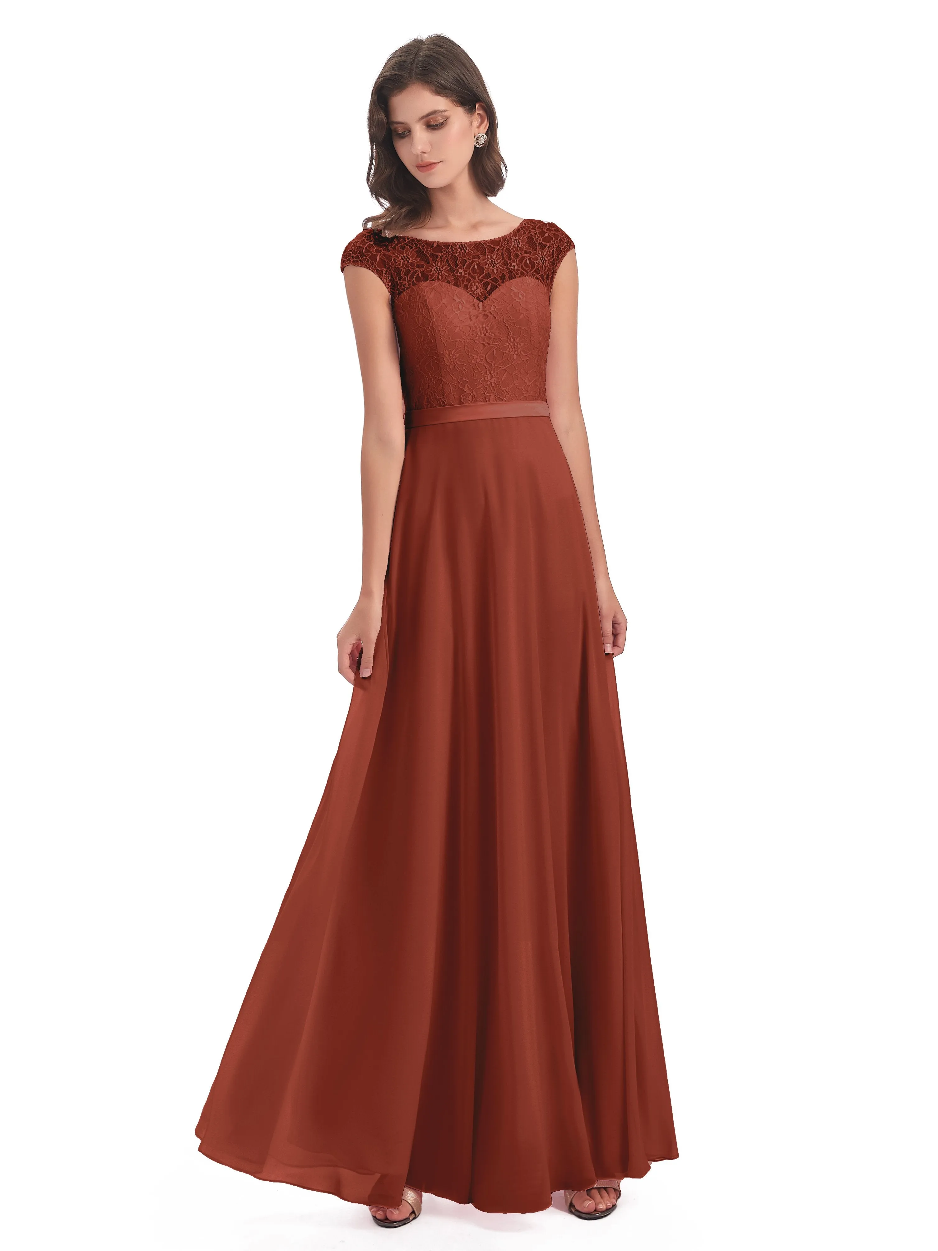 Anna Elegant Lace Cap Sleeves Long Bridesmaid Dresses