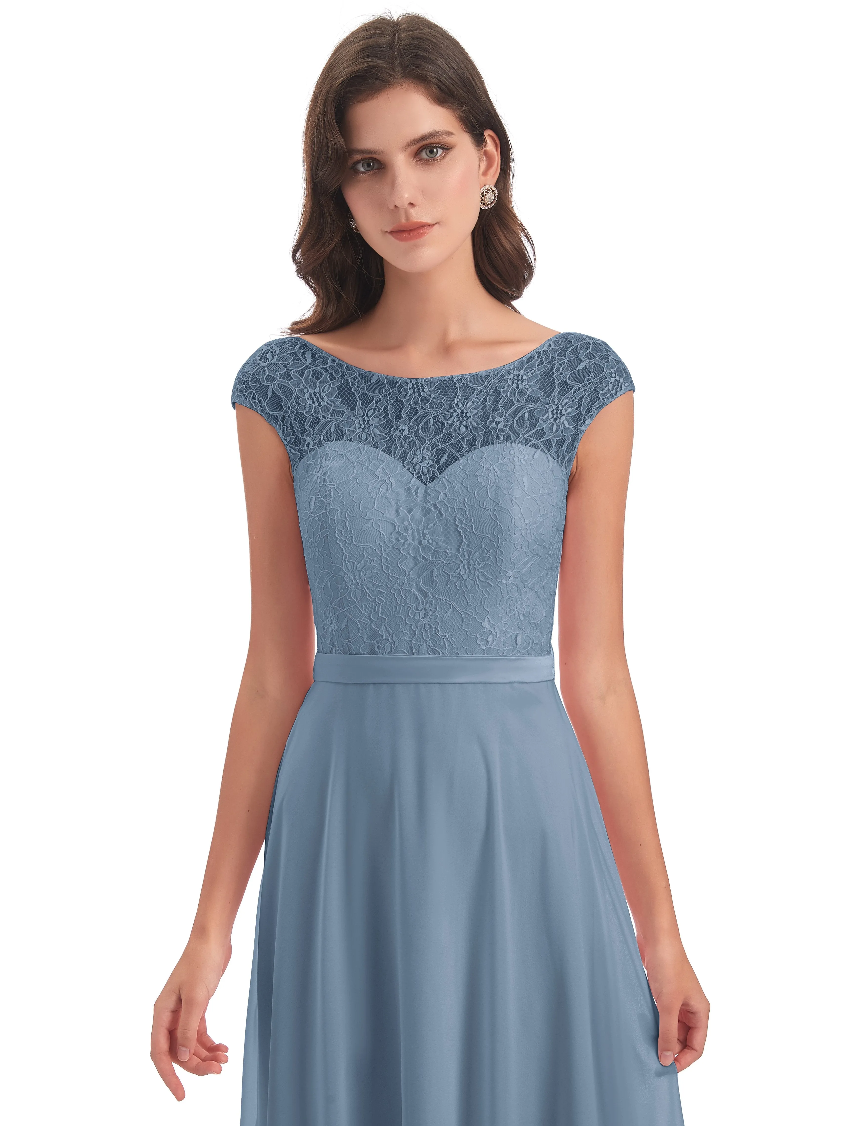 Anna Elegant Lace Cap Sleeves Long Bridesmaid Dresses