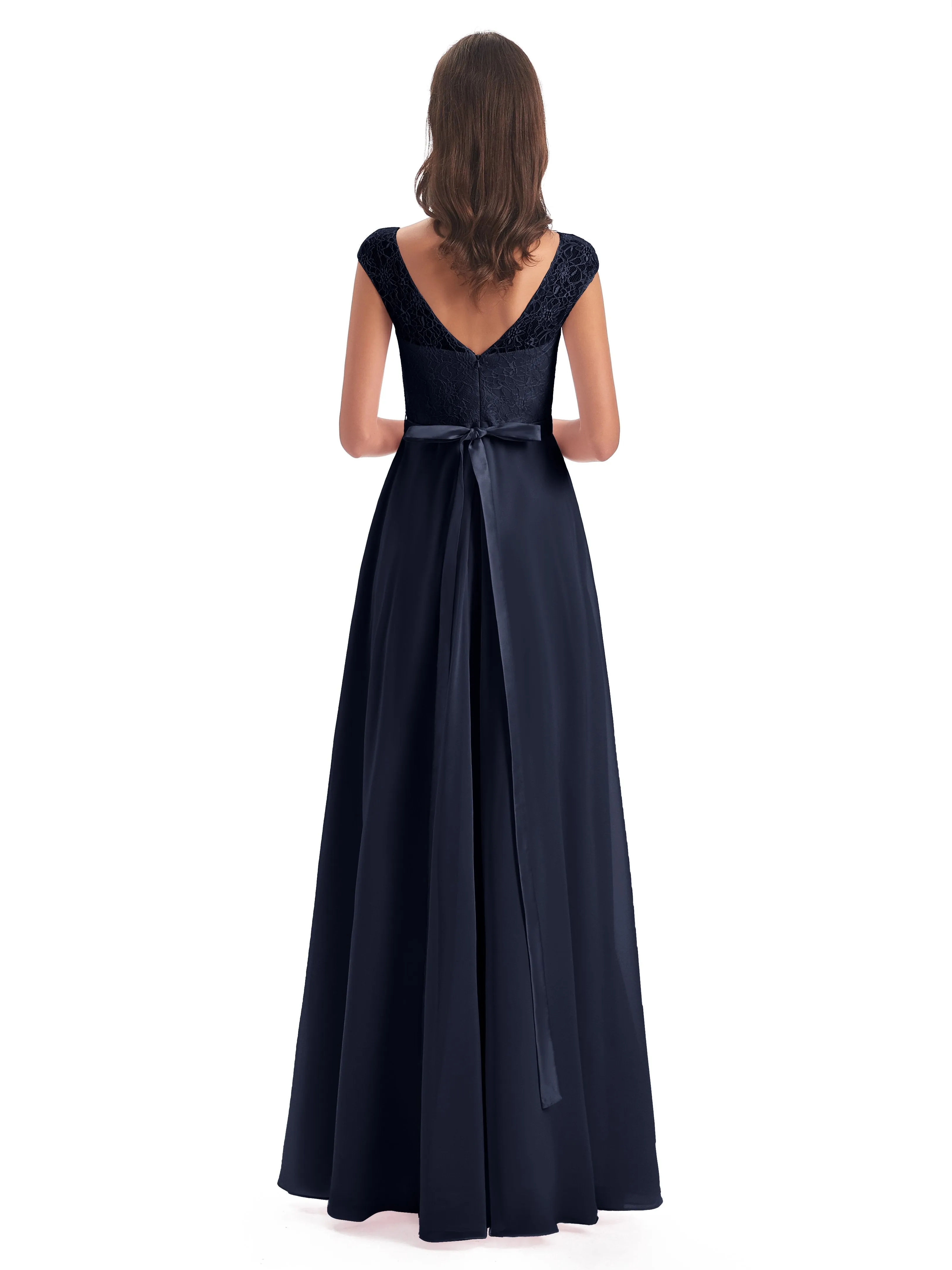 Anna Elegant Lace Cap Sleeves Long Bridesmaid Dresses