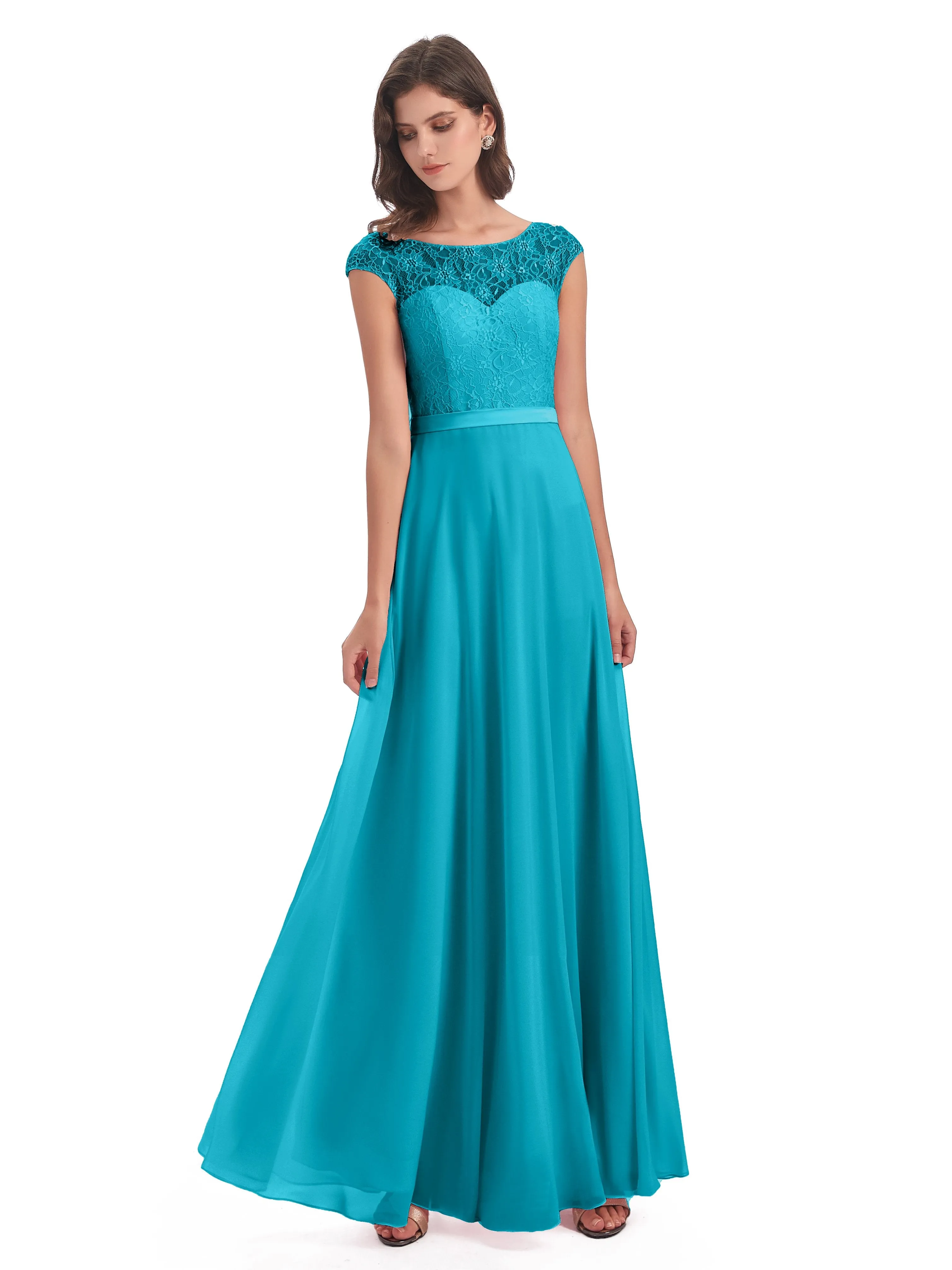 Anna Elegant Lace Cap Sleeves Long Bridesmaid Dresses