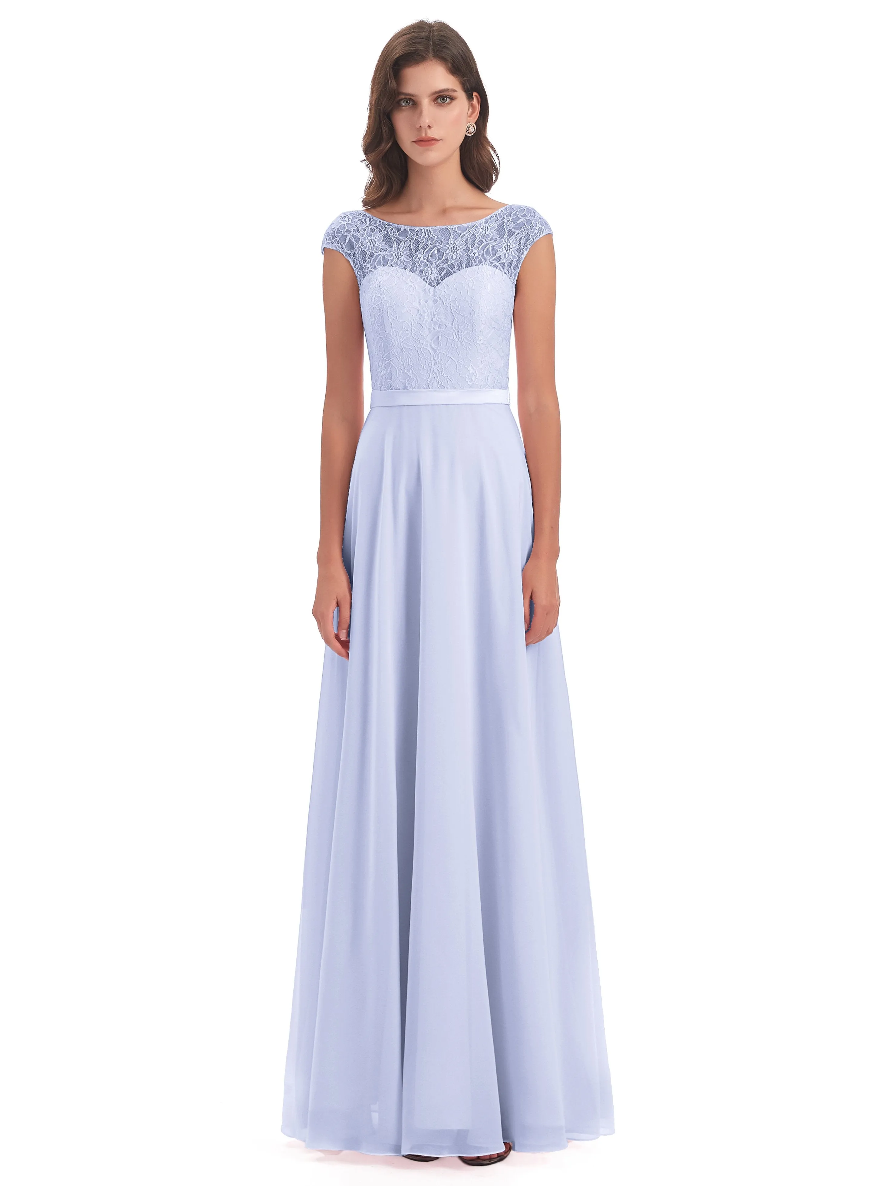 Anna Elegant Lace Cap Sleeves Long Bridesmaid Dresses