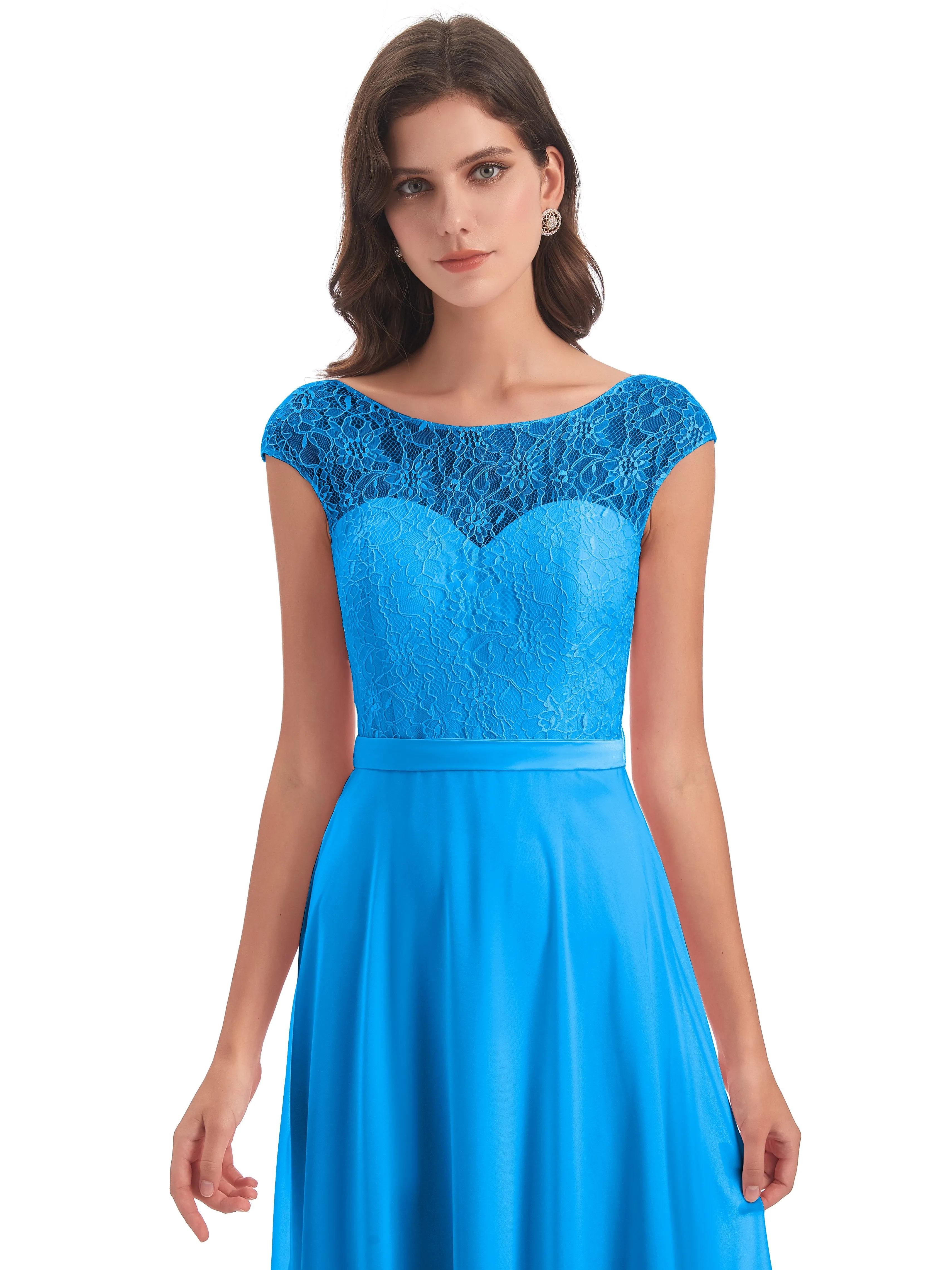 Anna Elegant Lace Cap Sleeves Long Bridesmaid Dresses