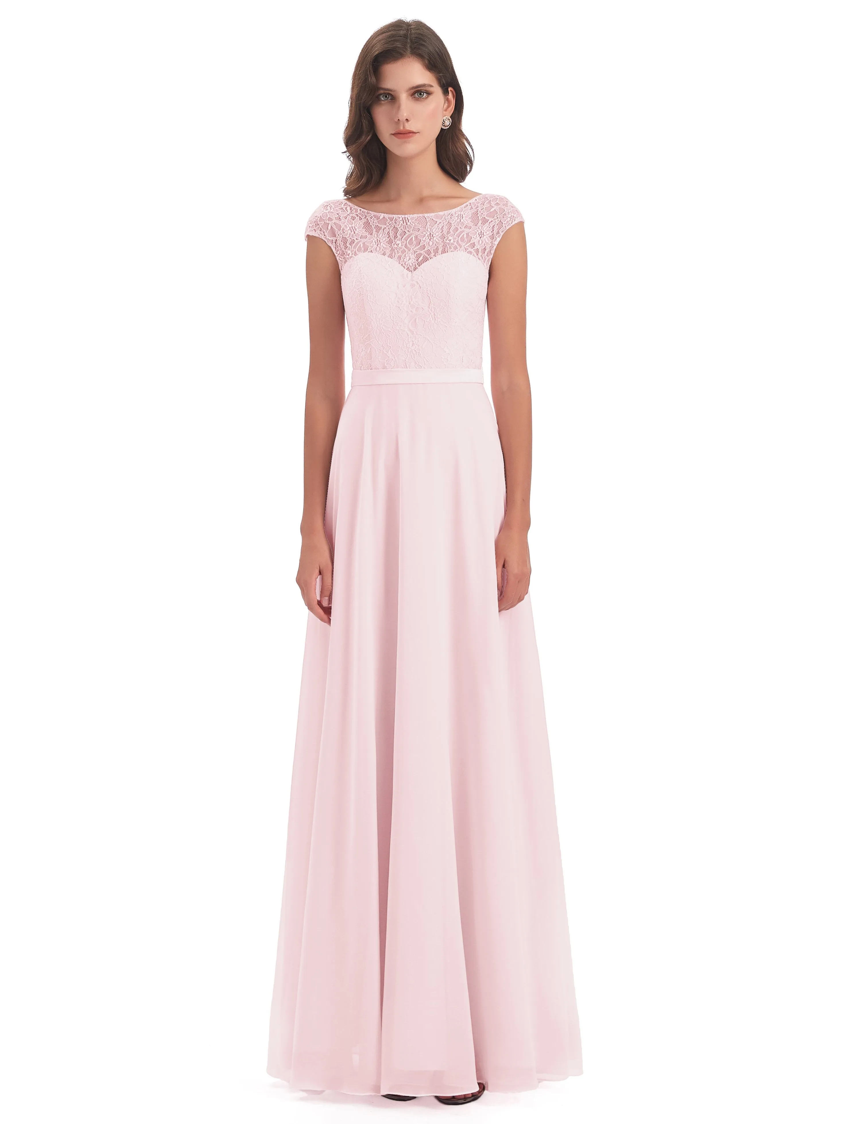 Anna Elegant Lace Cap Sleeves Long Bridesmaid Dresses