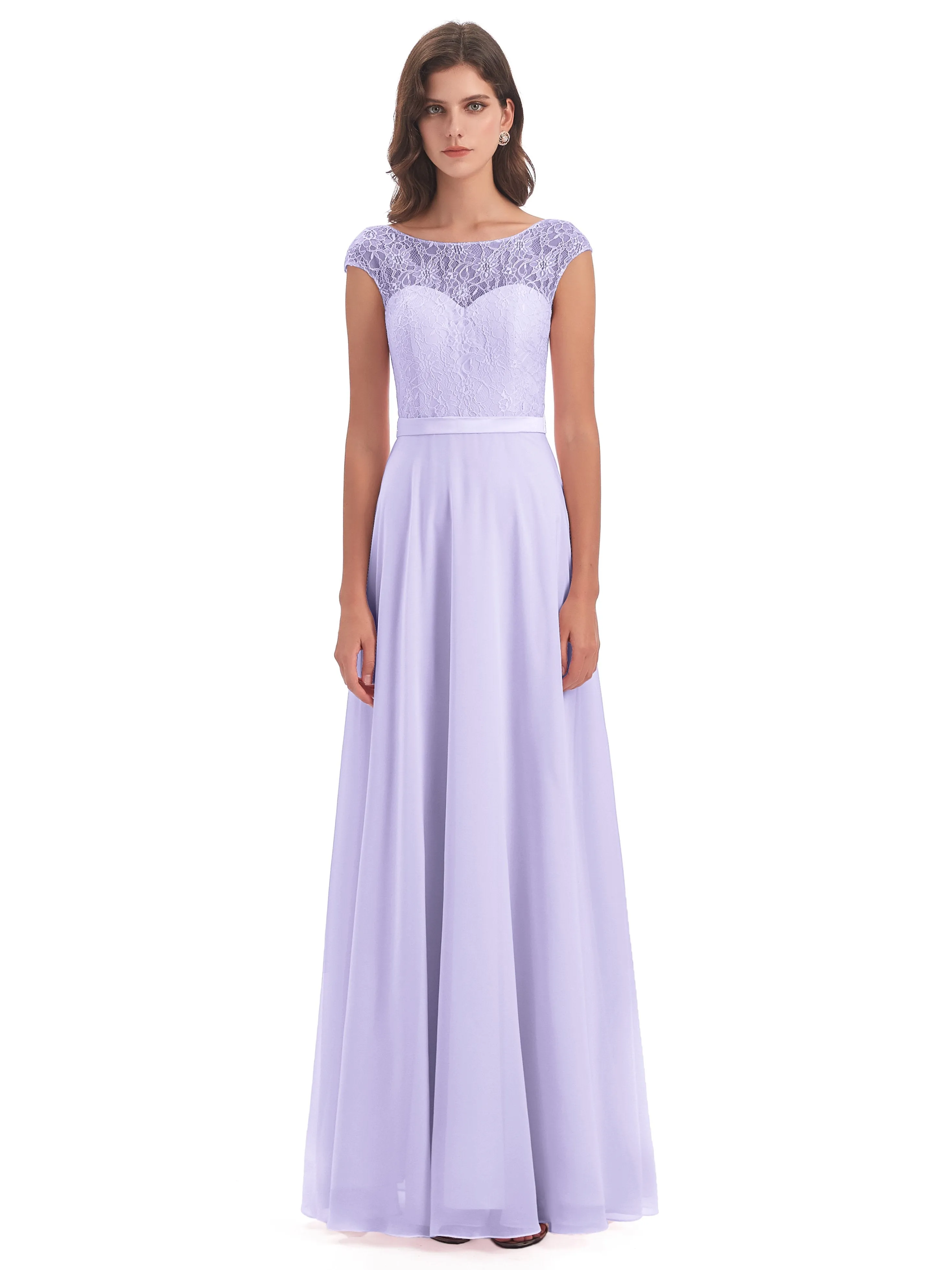 Anna Elegant Lace Cap Sleeves Long Bridesmaid Dresses