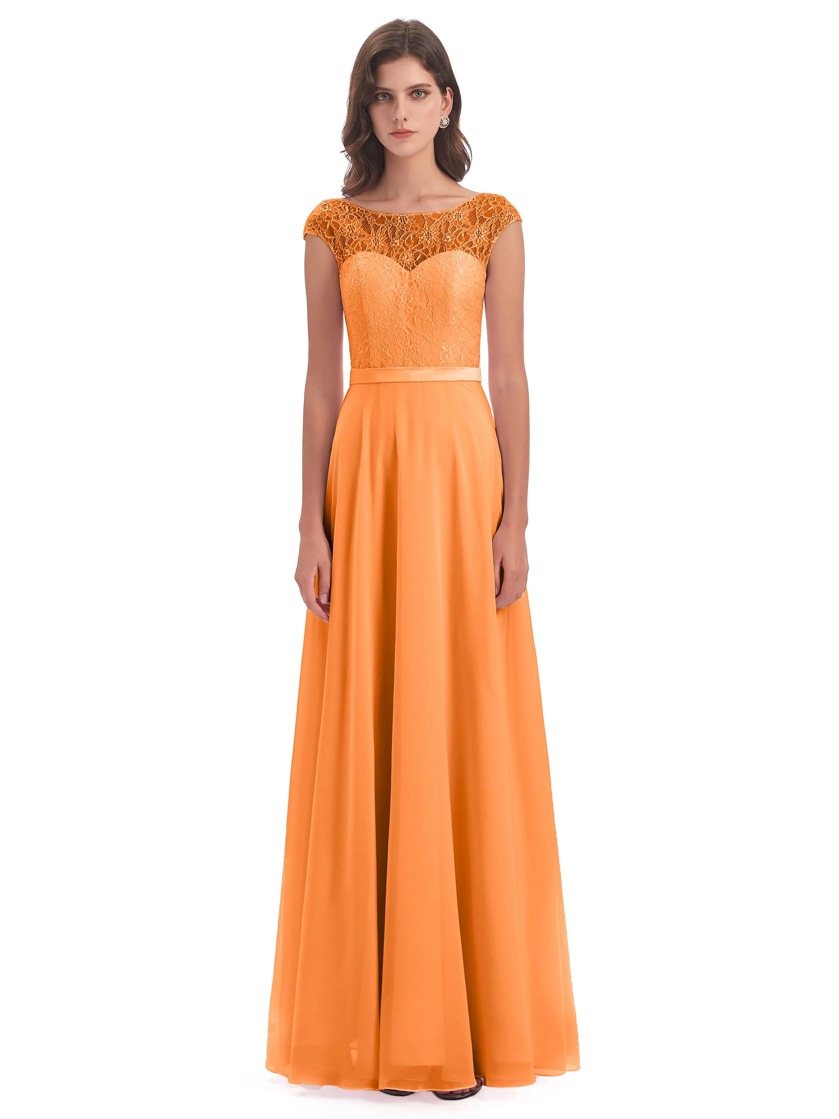 Anna Elegant Lace Cap Sleeves Long Bridesmaid Dresses