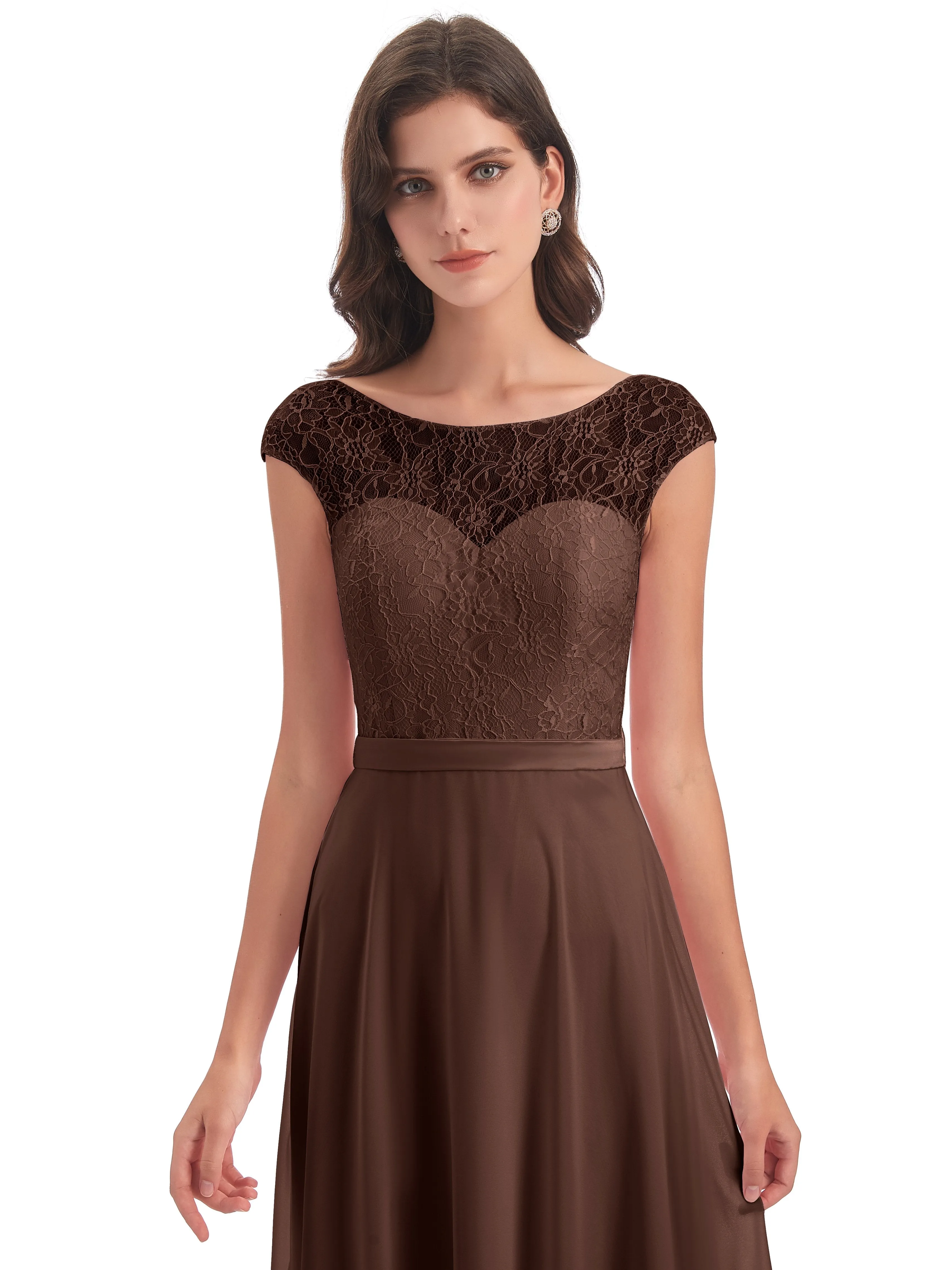 Anna Elegant Lace Cap Sleeves Long Bridesmaid Dresses