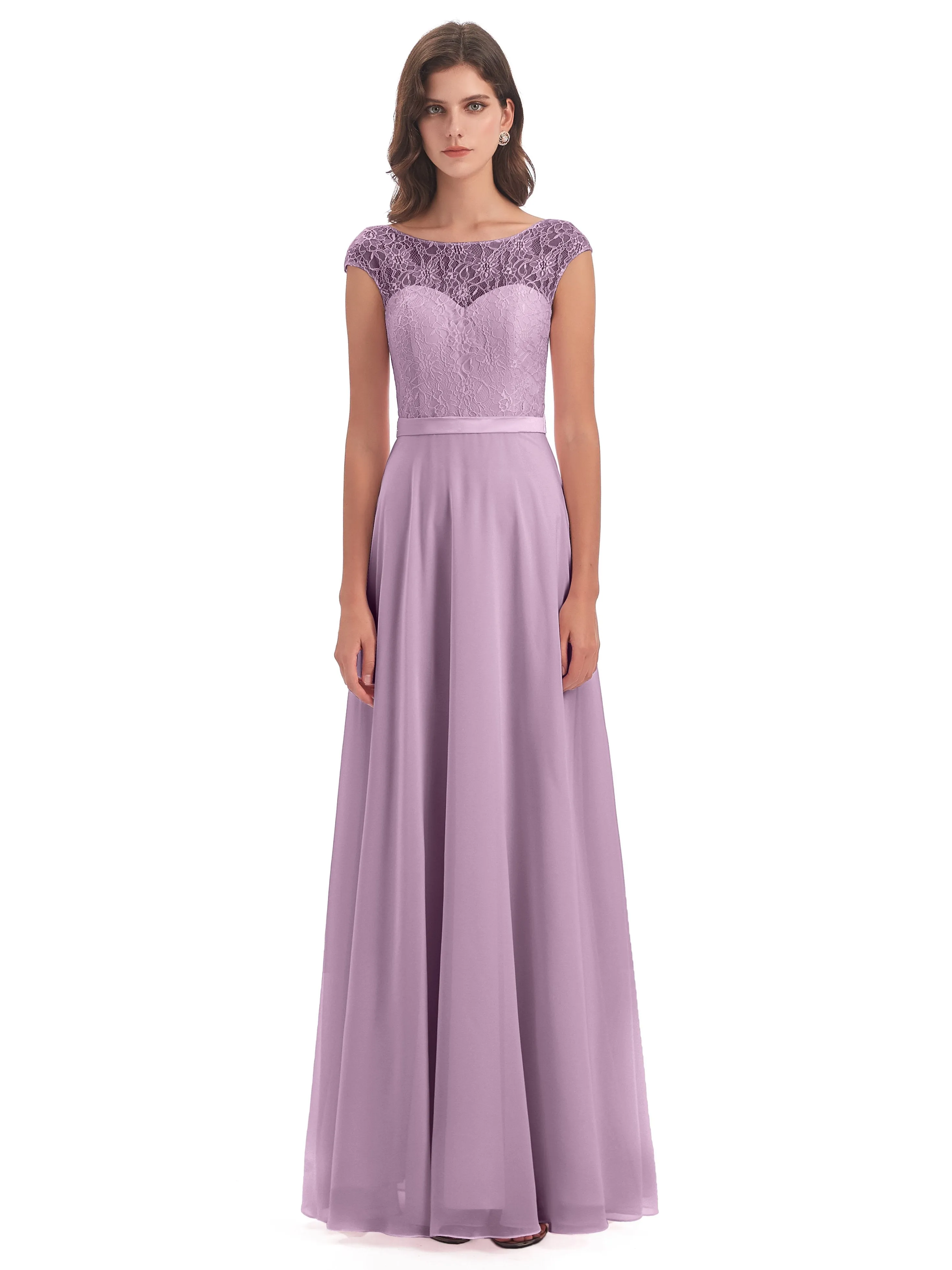 Anna Elegant Lace Cap Sleeves Long Bridesmaid Dresses