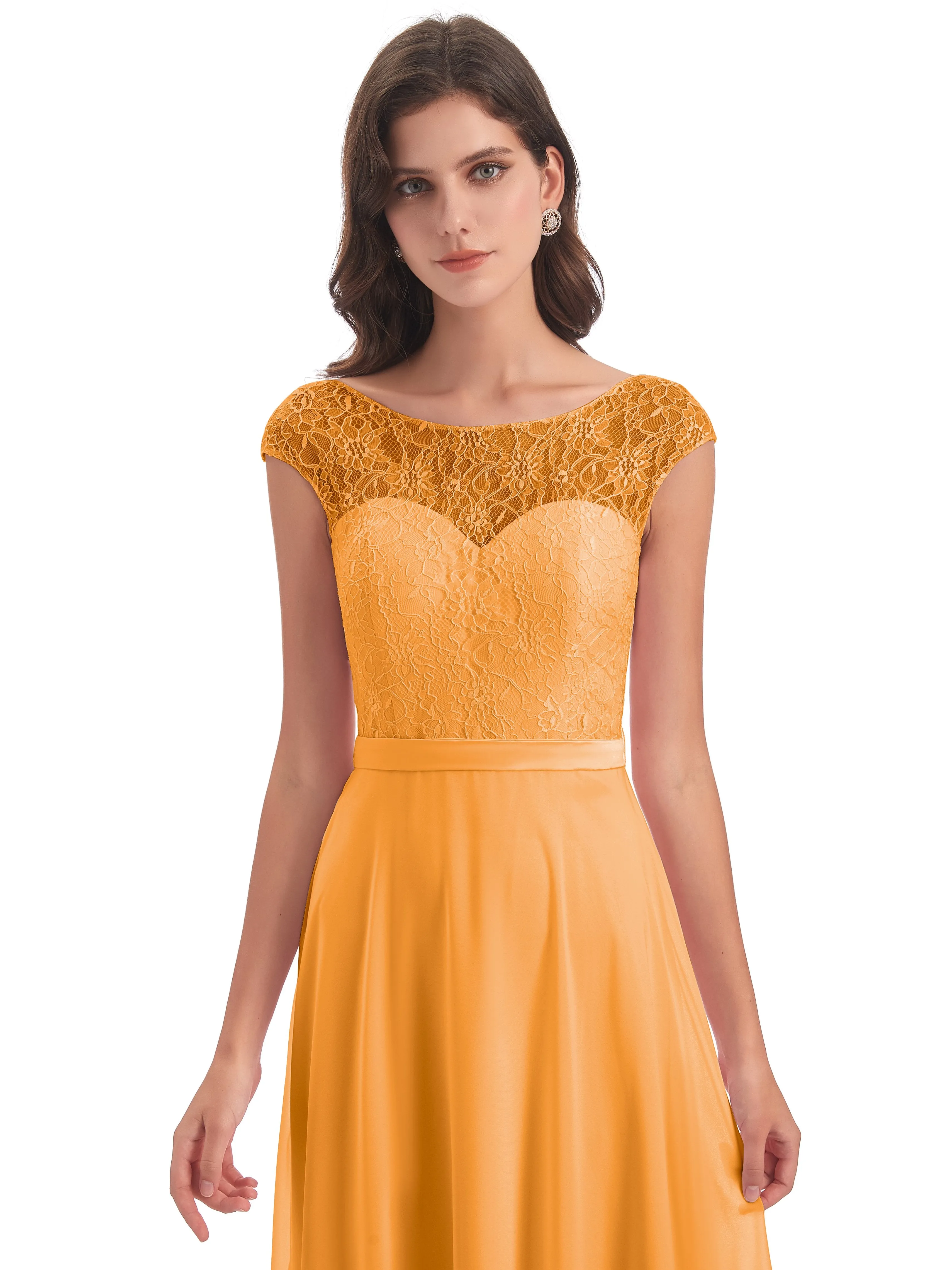 Anna Elegant Lace Cap Sleeves Long Bridesmaid Dresses