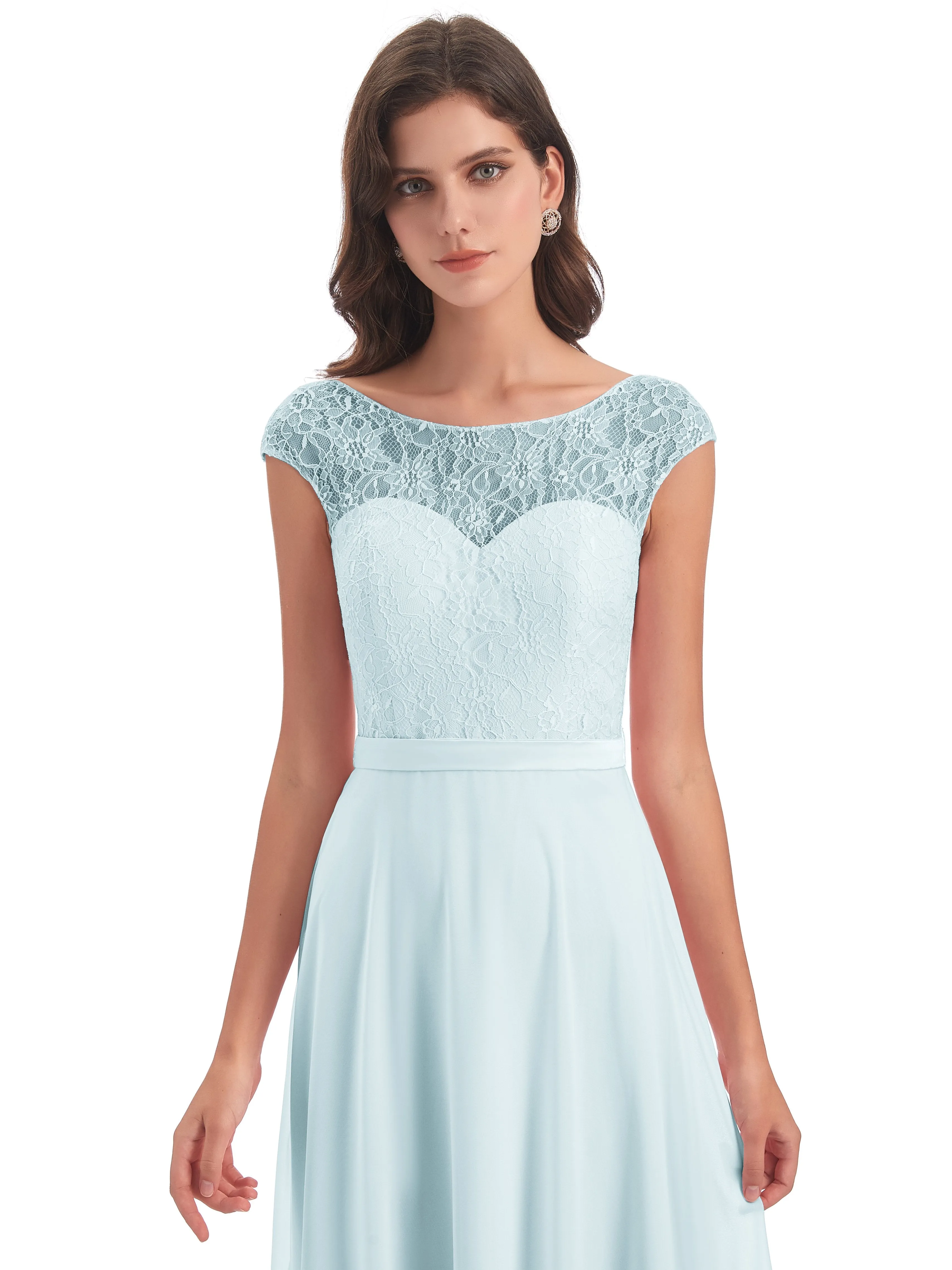 Anna Elegant Lace Cap Sleeves Long Bridesmaid Dresses