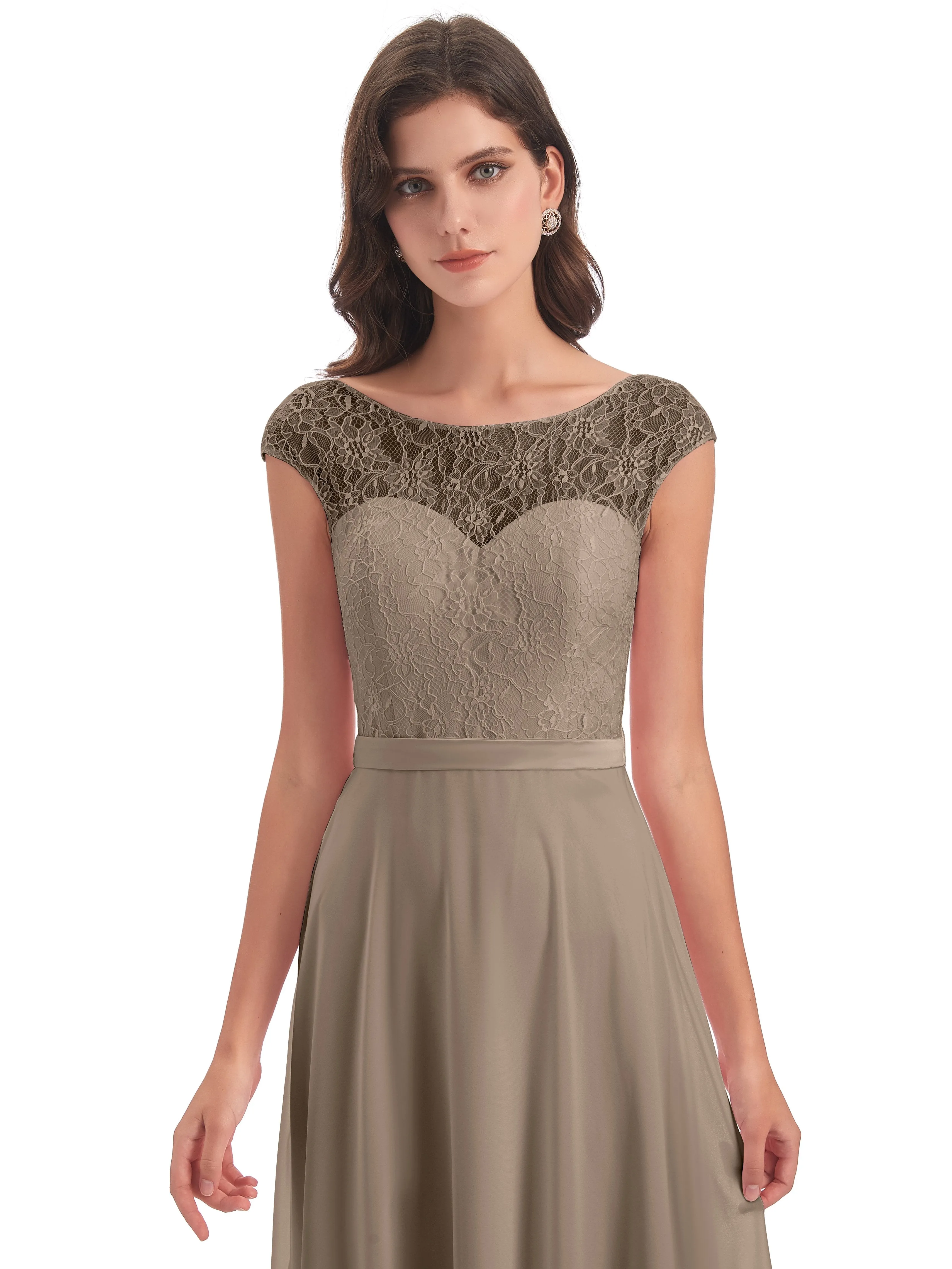 Anna Elegant Lace Cap Sleeves Long Bridesmaid Dresses