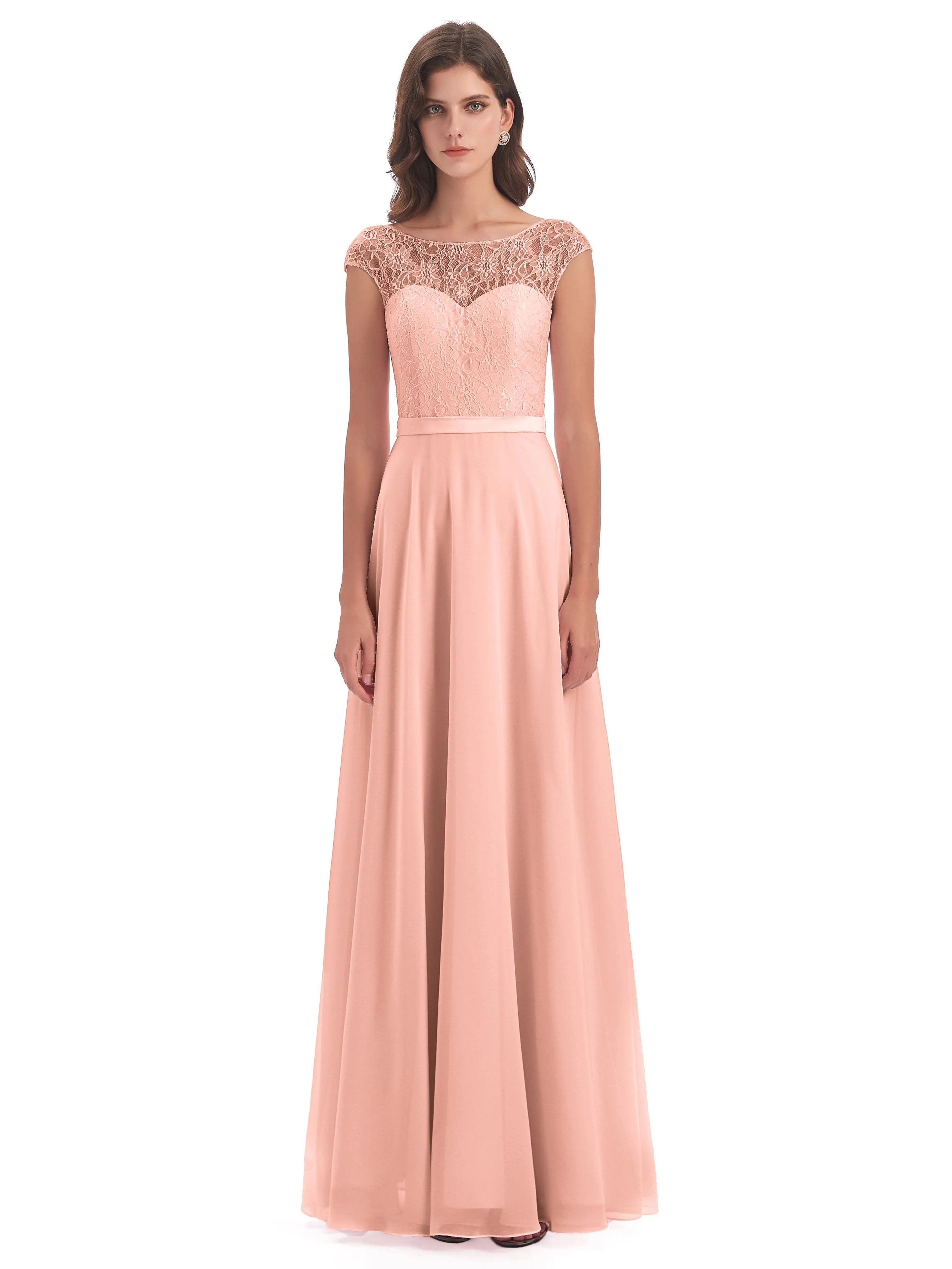 Anna Elegant Lace Cap Sleeves Long Bridesmaid Dresses