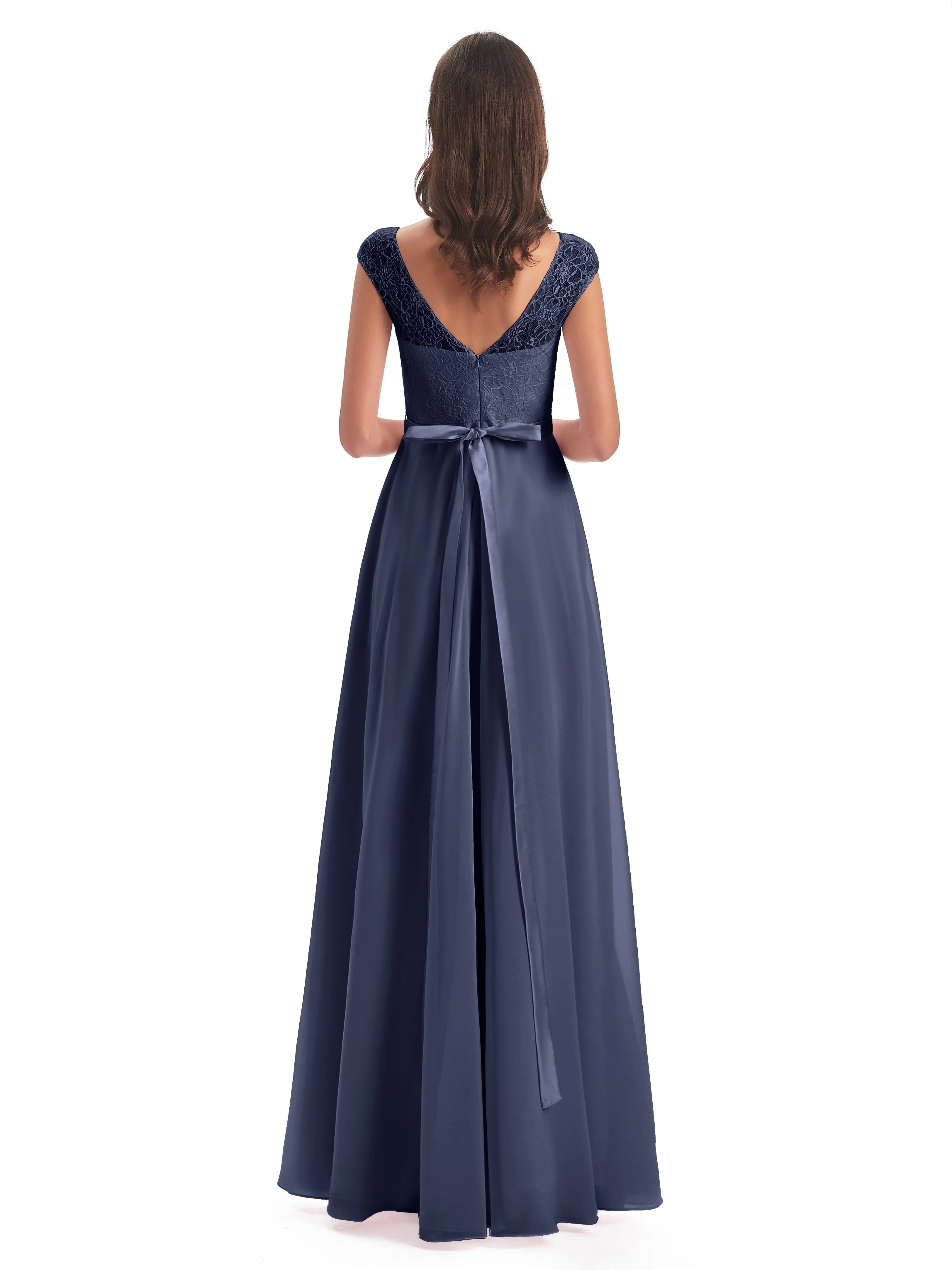 Anna Elegant Lace Cap Sleeves Long Bridesmaid Dresses