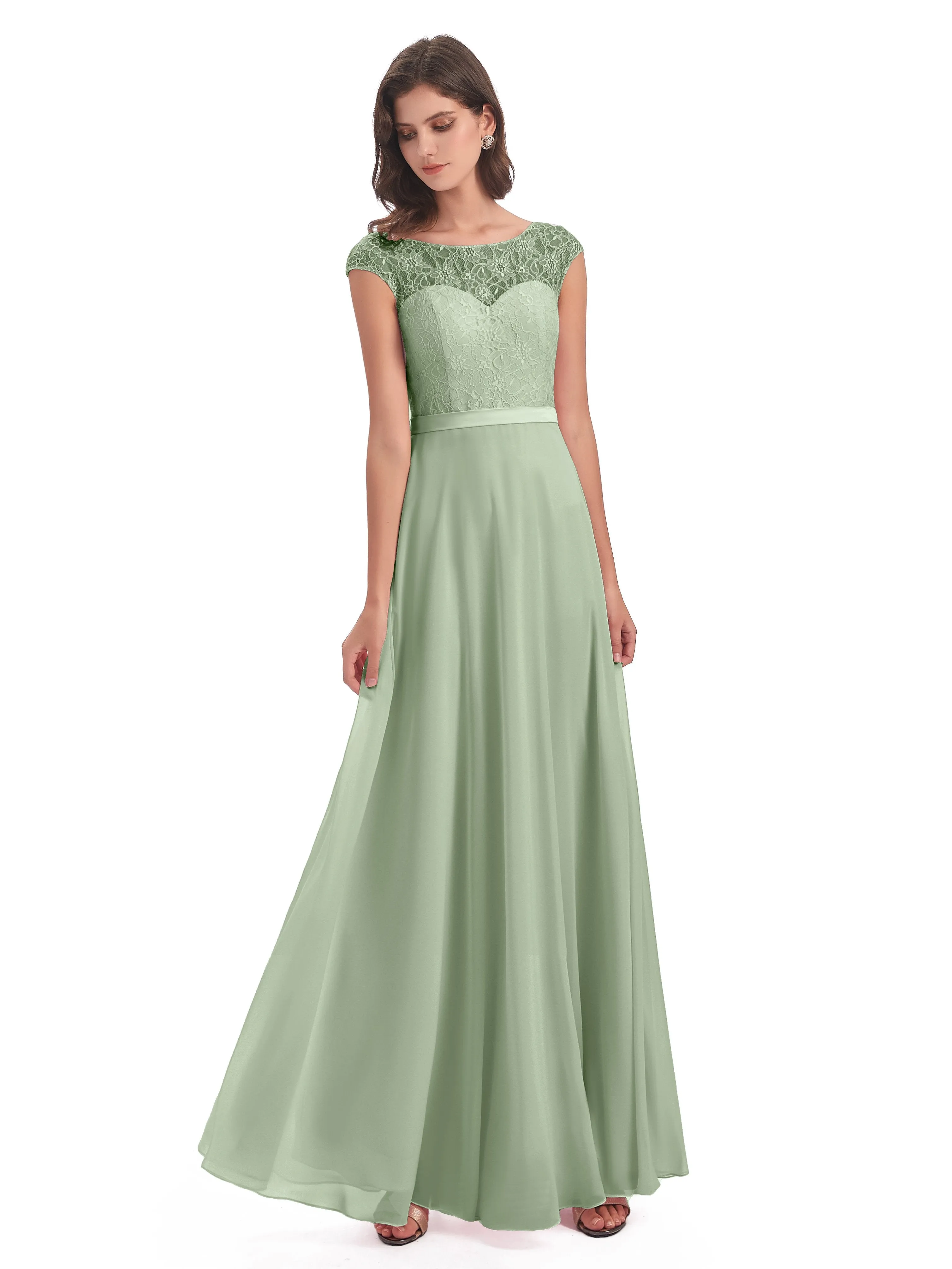 Anna Elegant Lace Cap Sleeves Long Bridesmaid Dresses