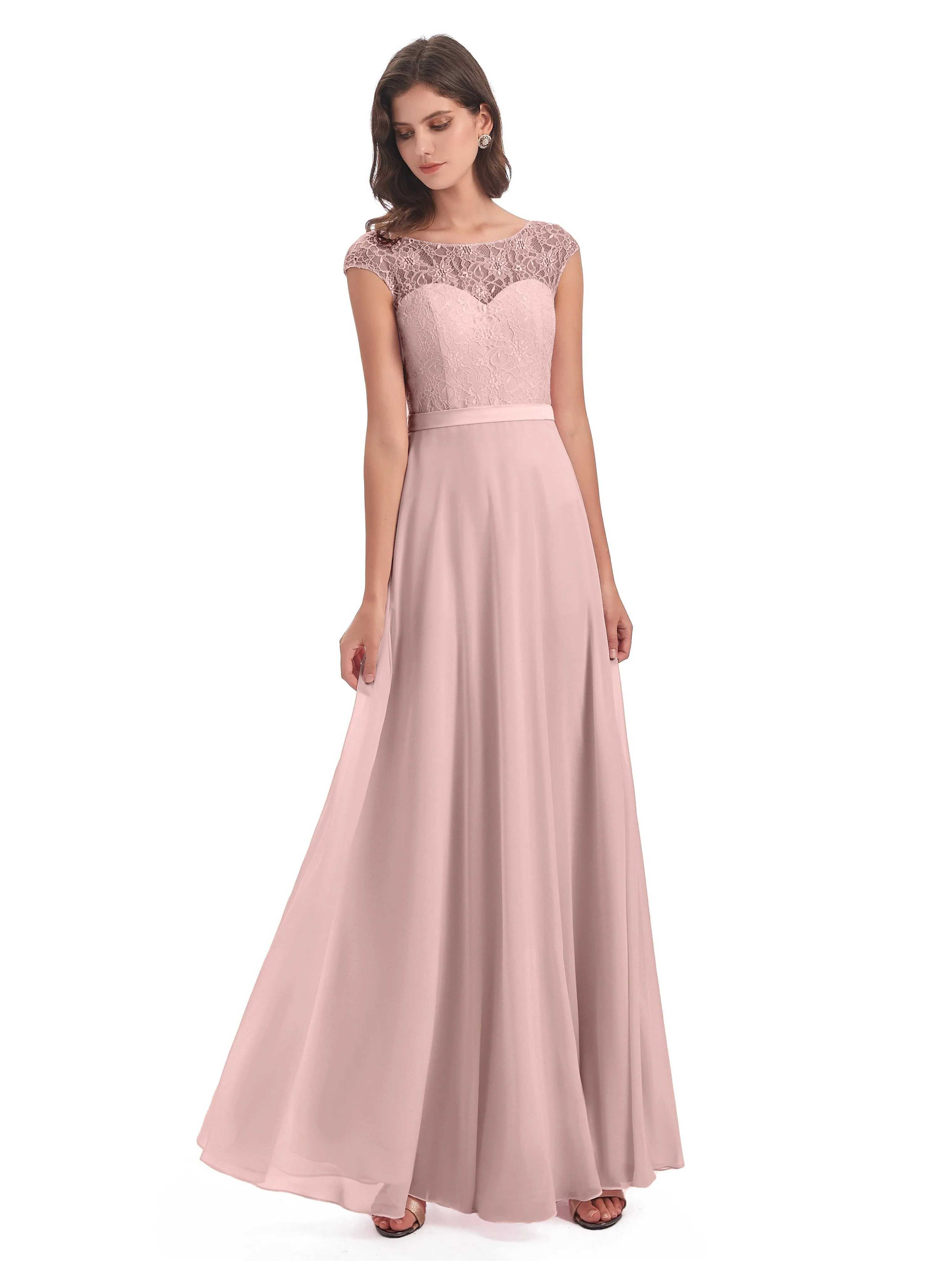 Anna Elegant Lace Cap Sleeves Long Bridesmaid Dresses