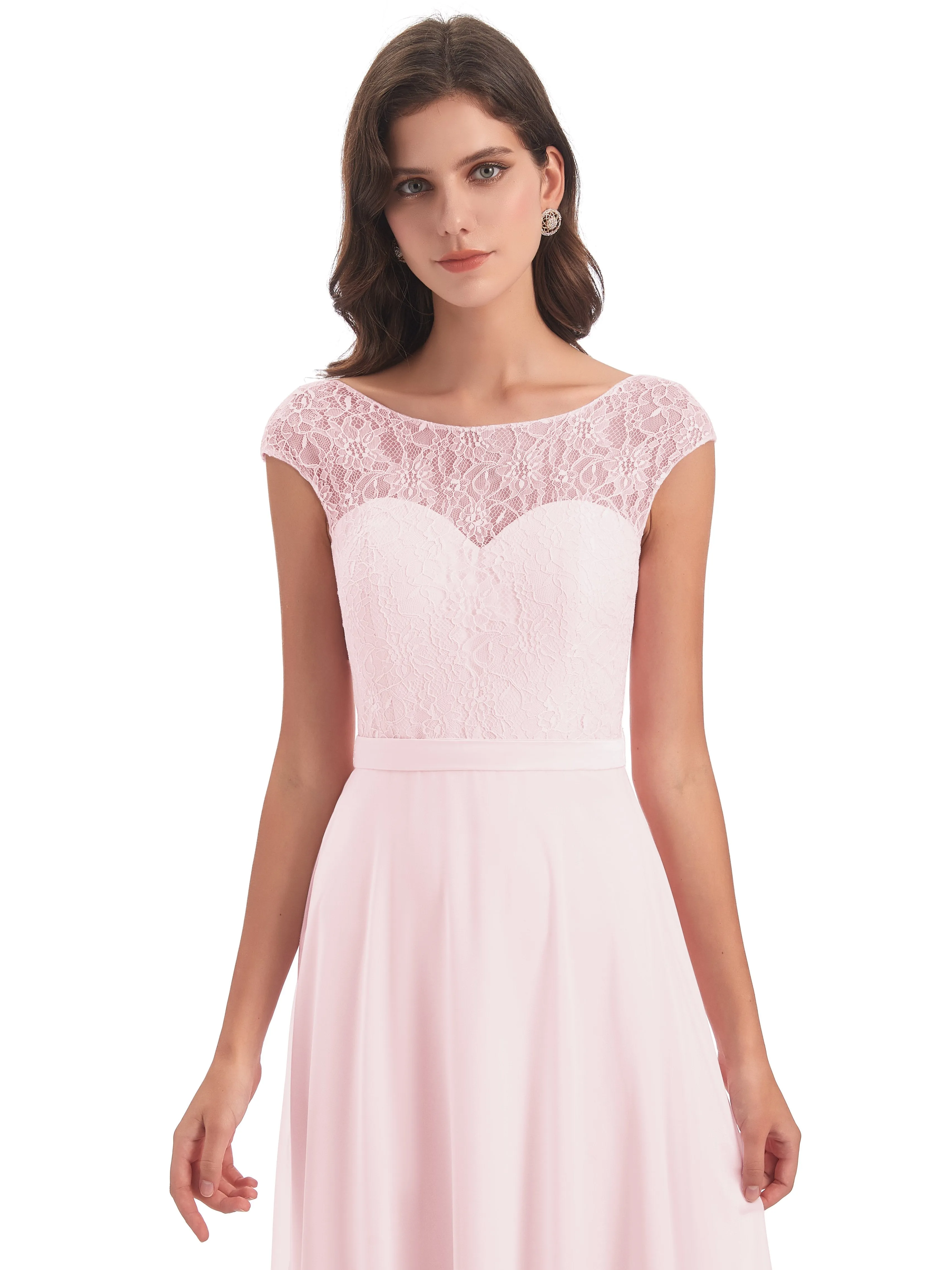 Anna Elegant Lace Cap Sleeves Long Bridesmaid Dresses