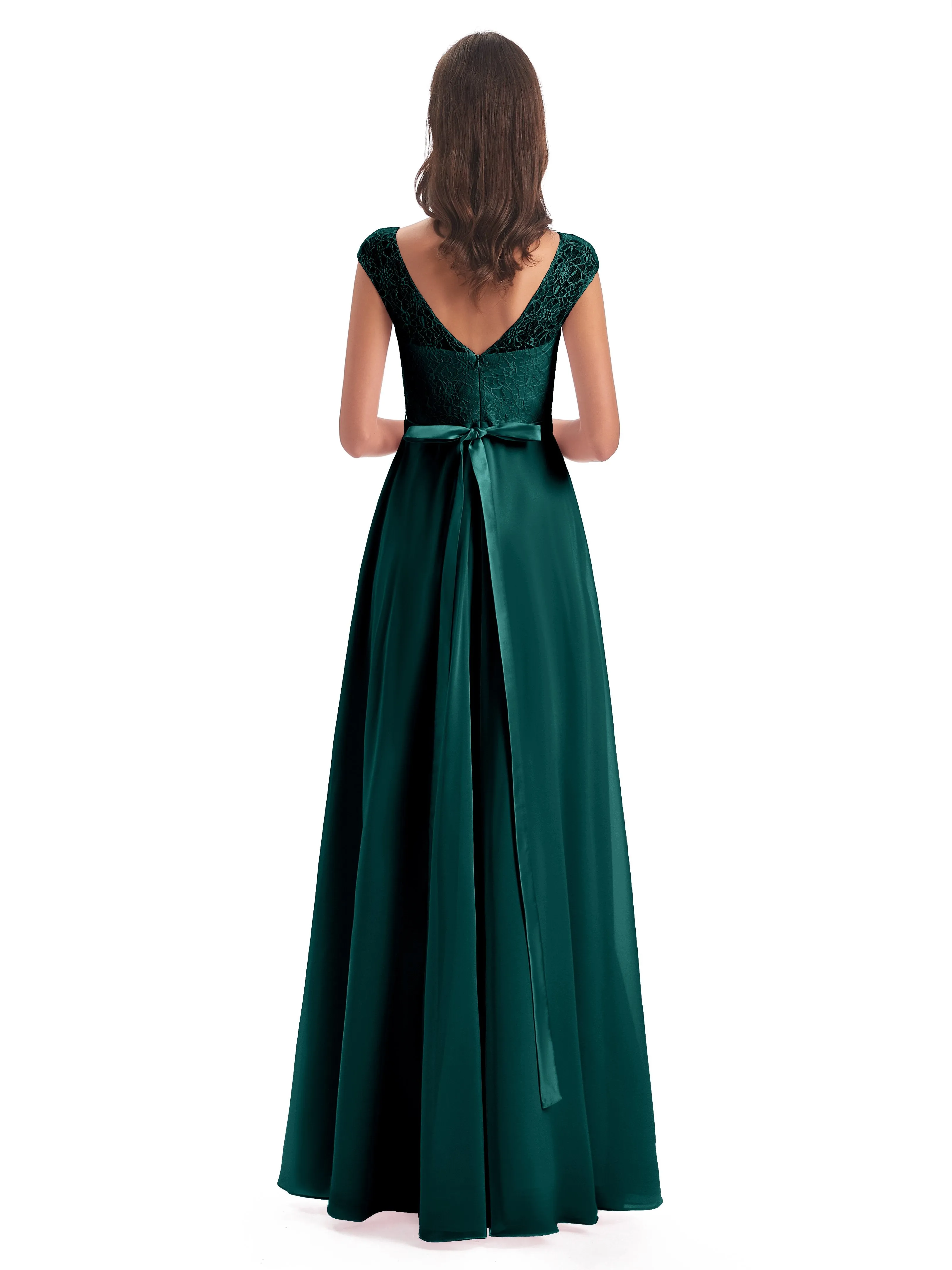 Anna Elegant Lace Cap Sleeves Long Bridesmaid Dresses