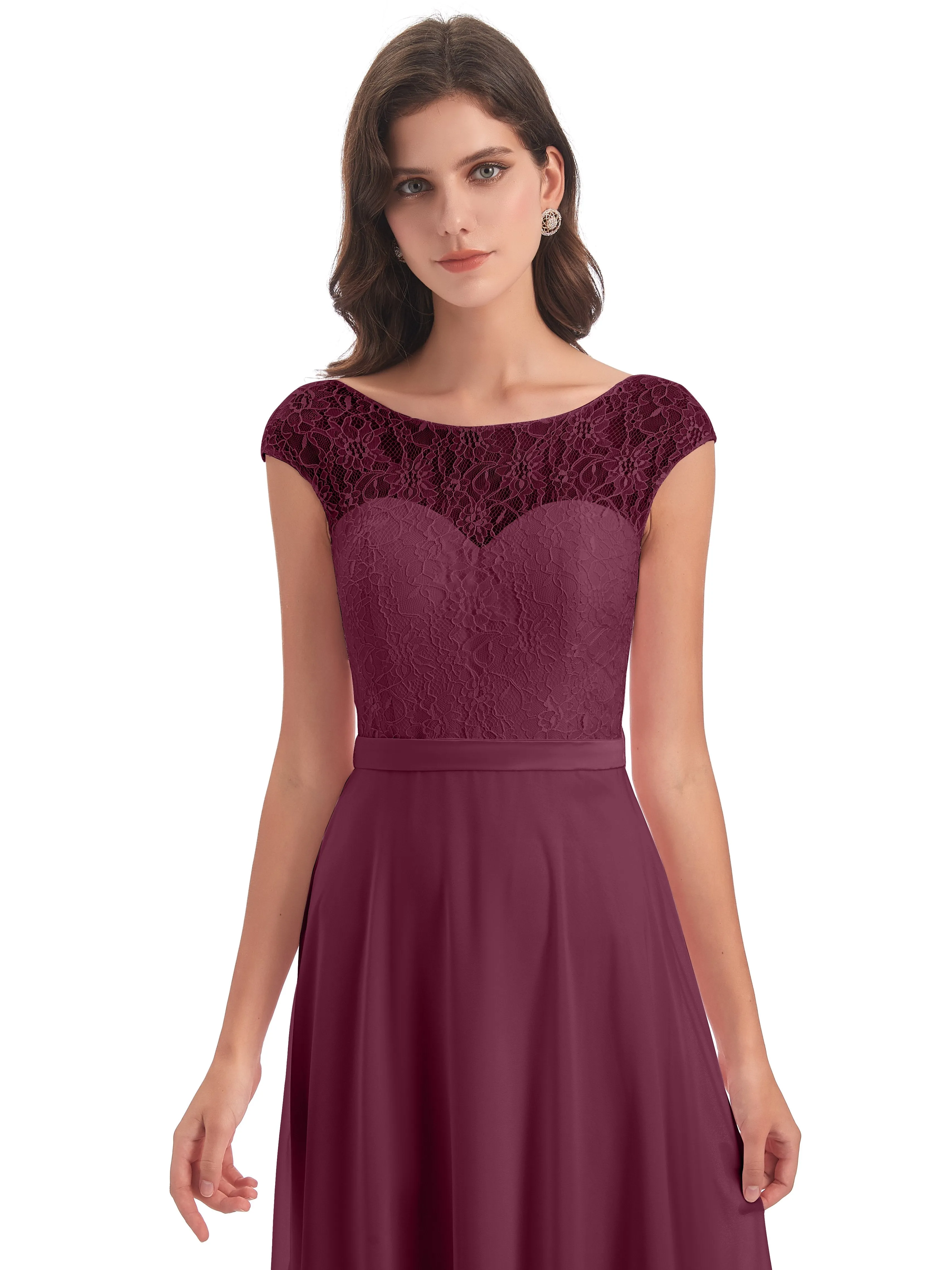 Anna Elegant Lace Cap Sleeves Long Bridesmaid Dresses