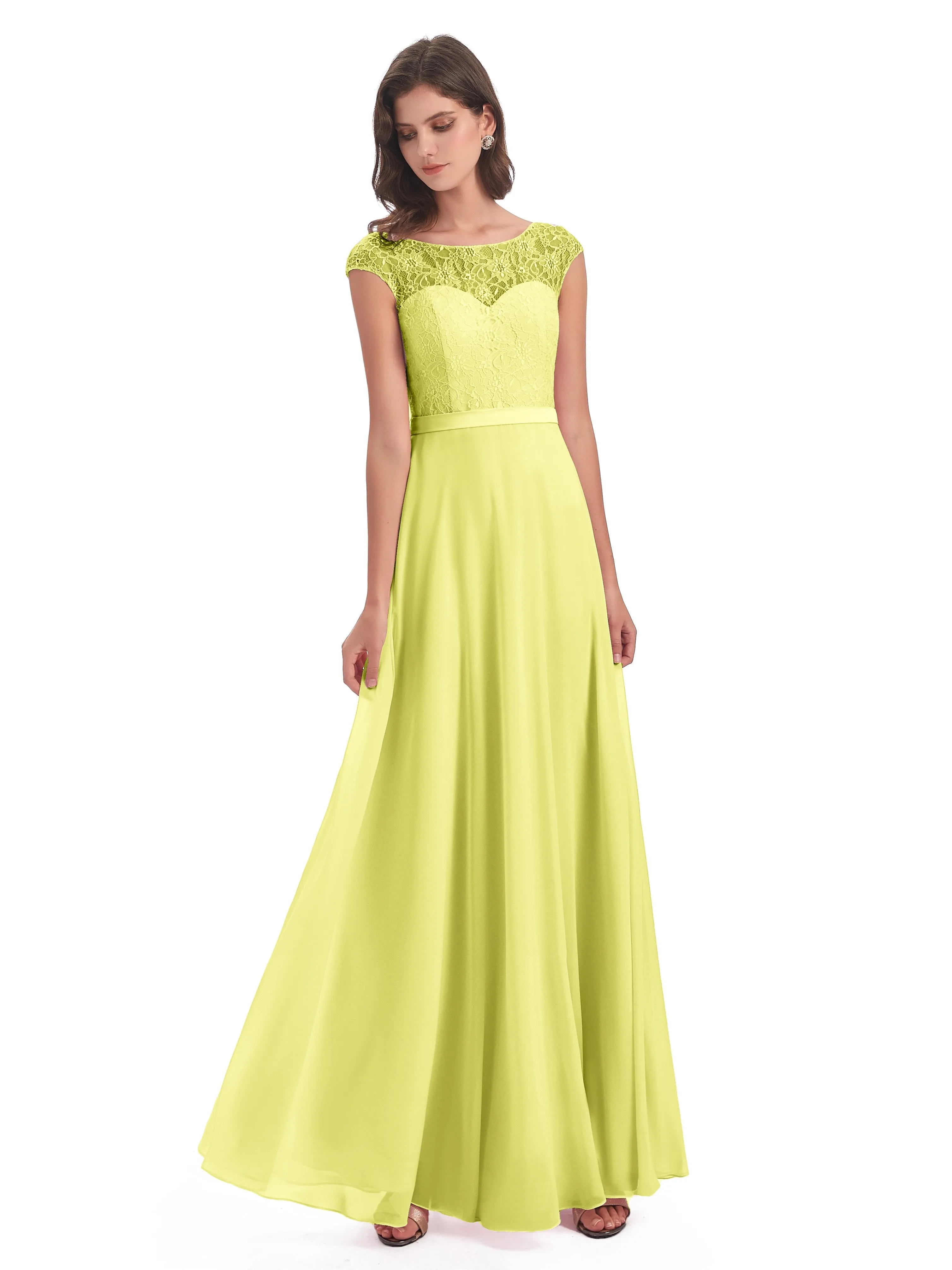 Anna Elegant Lace Cap Sleeves Long Bridesmaid Dresses