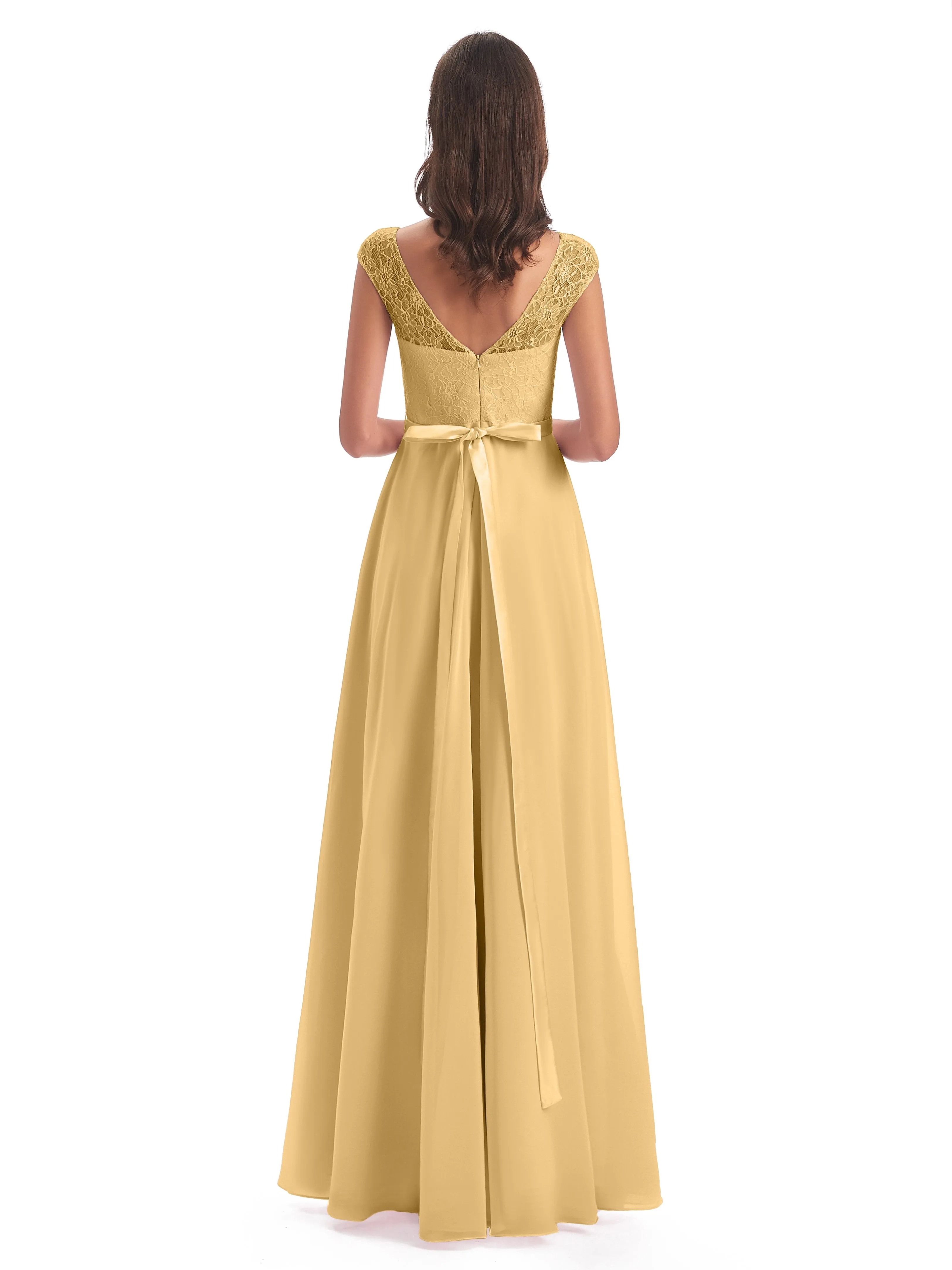 Anna Elegant Lace Cap Sleeves Long Bridesmaid Dresses