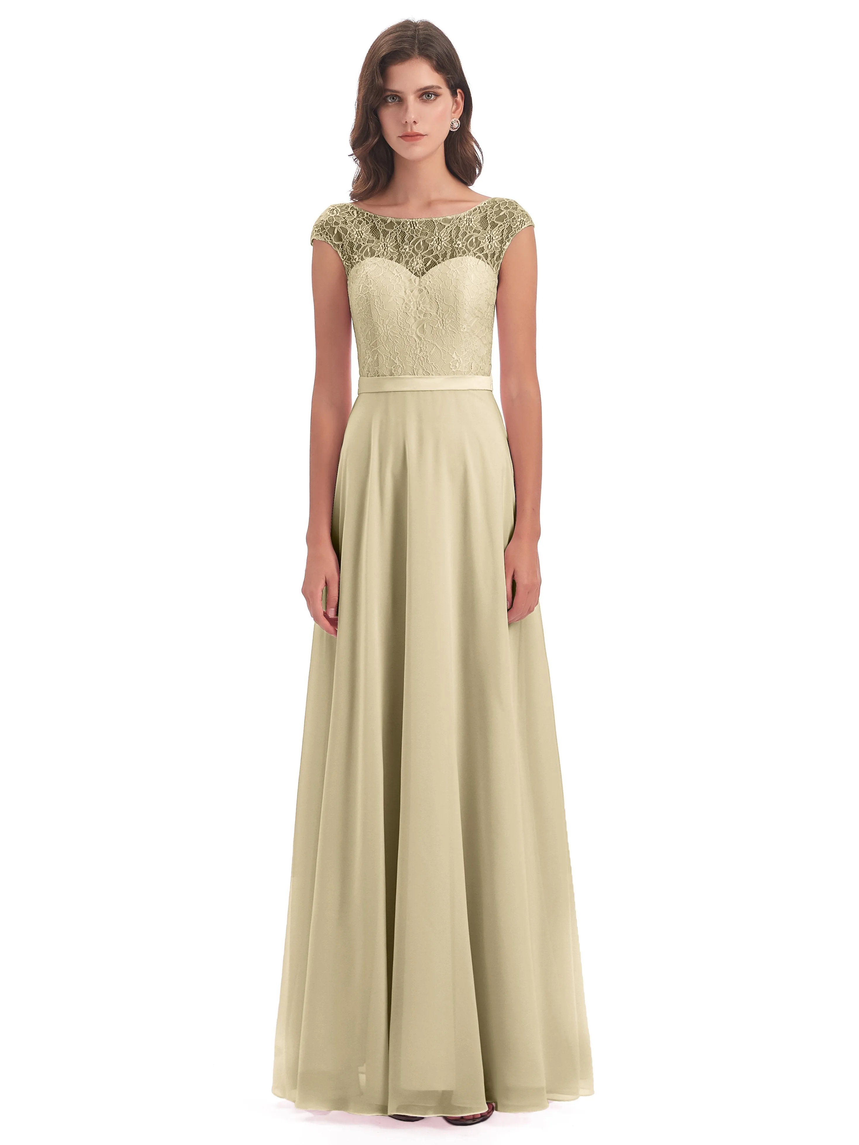 Anna Elegant Lace Cap Sleeves Long Bridesmaid Dresses