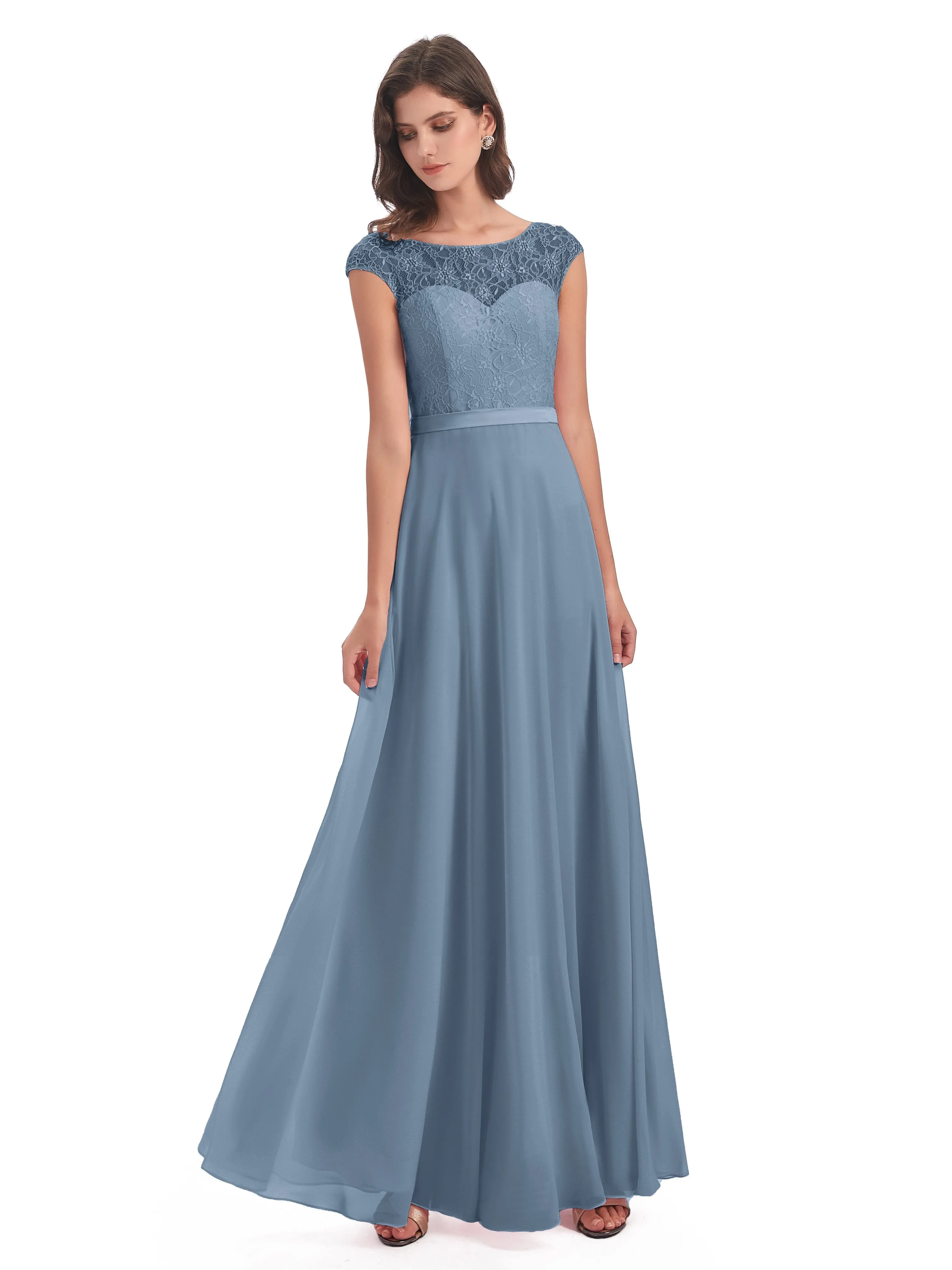 Anna Elegant Lace Cap Sleeves Long Bridesmaid Dresses