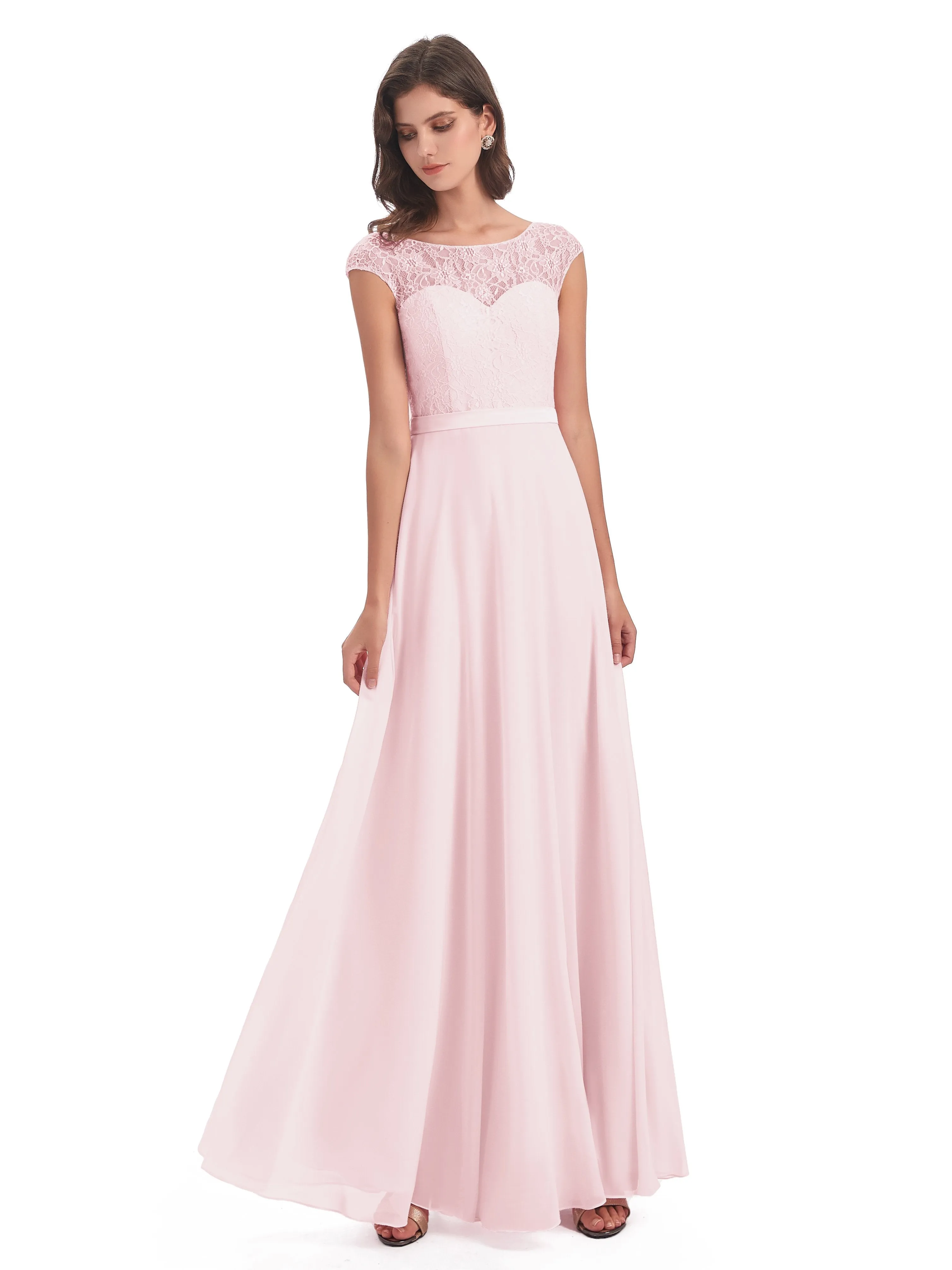 Anna Elegant Lace Cap Sleeves Long Bridesmaid Dresses