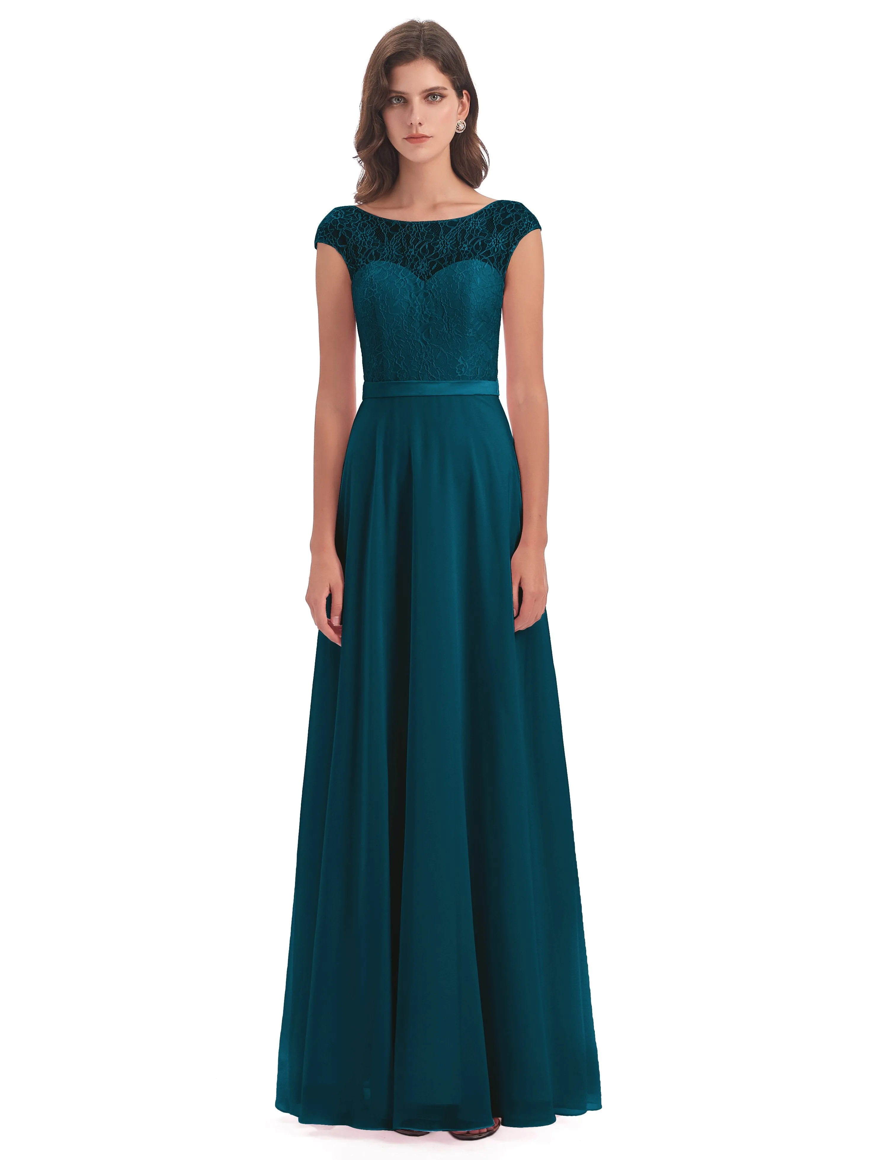 Anna Elegant Lace Cap Sleeves Long Bridesmaid Dresses