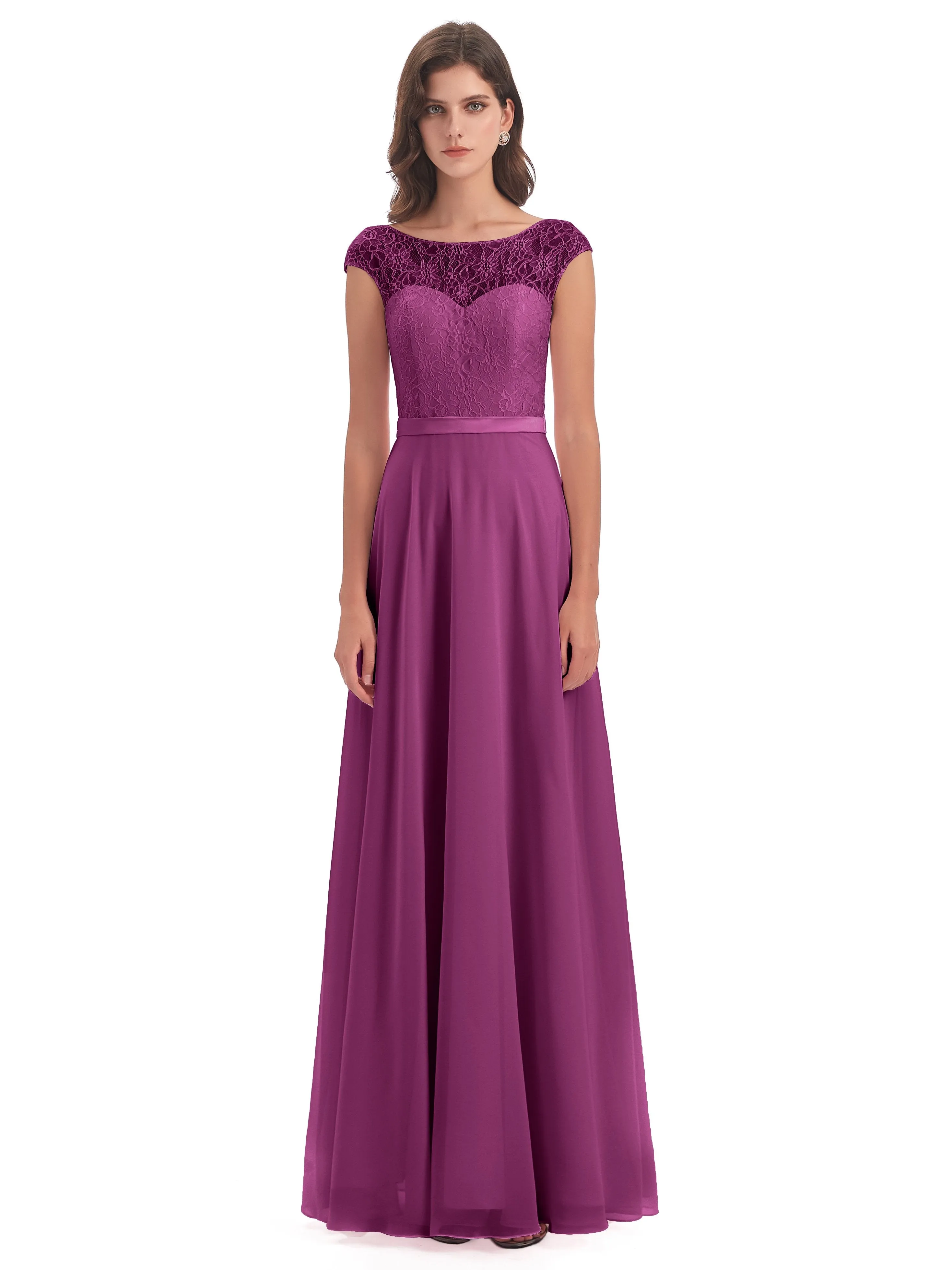 Anna Elegant Lace Cap Sleeves Long Bridesmaid Dresses