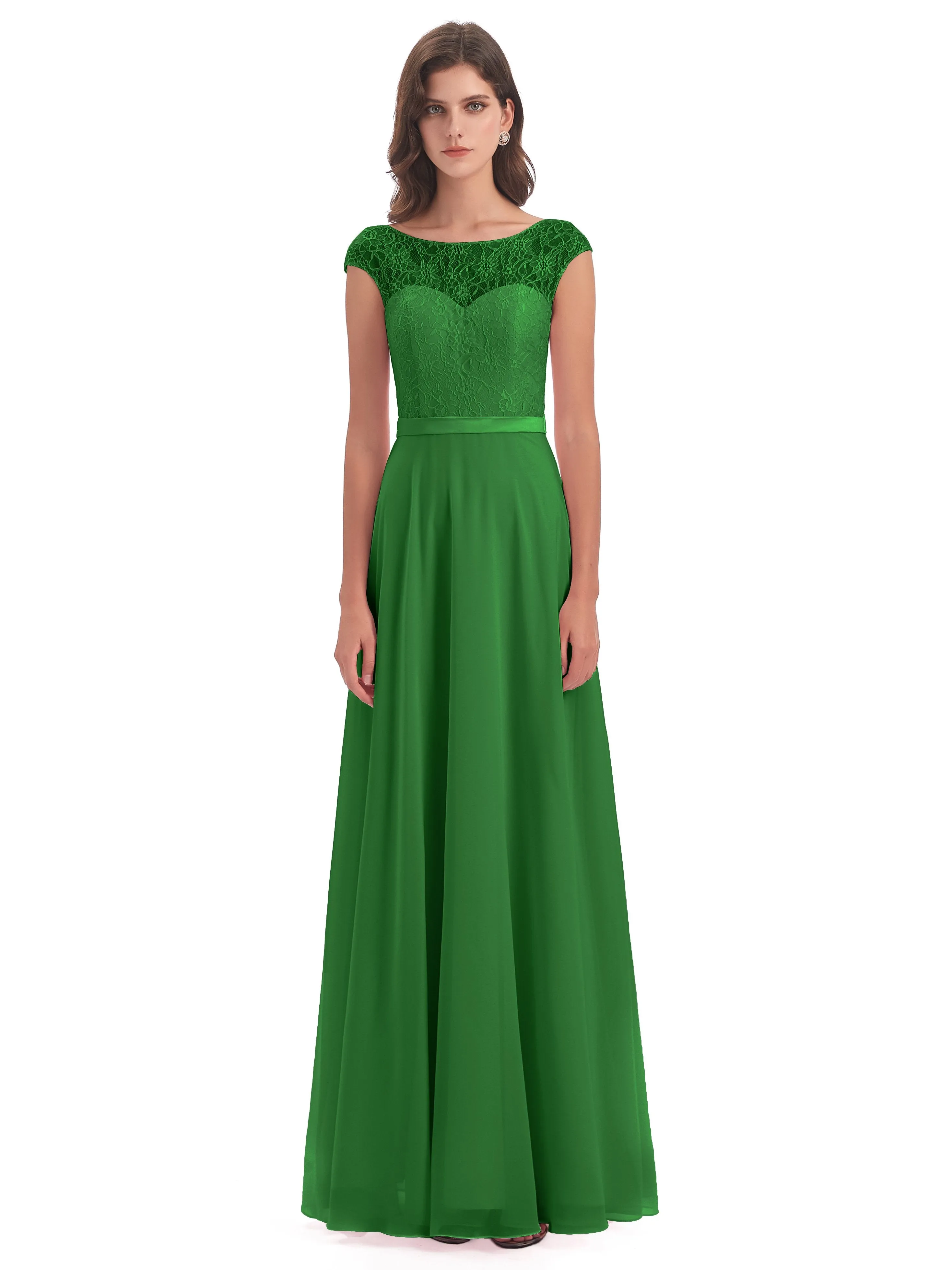 Anna Elegant Lace Cap Sleeves Long Bridesmaid Dresses