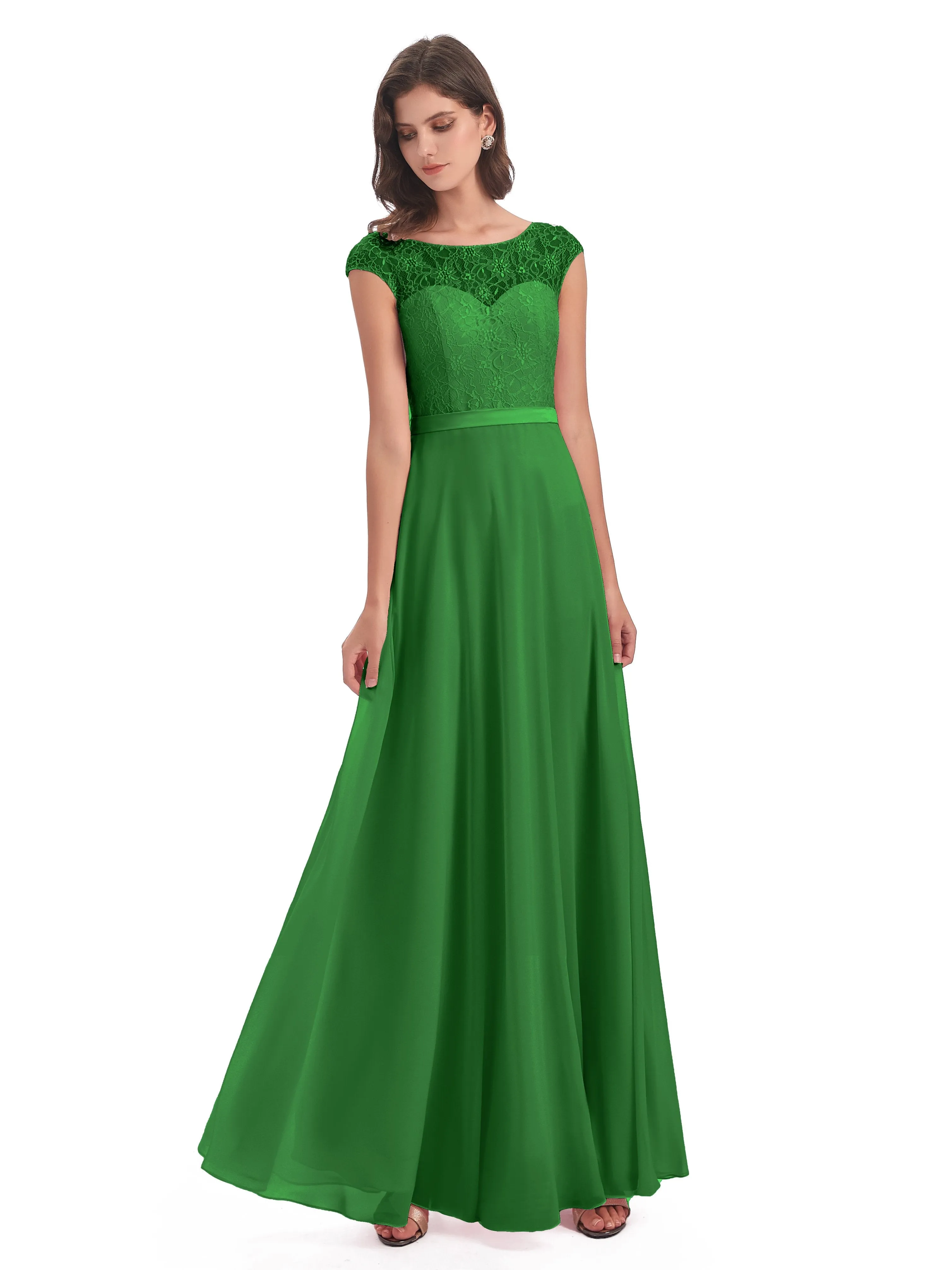 Anna Elegant Lace Cap Sleeves Long Bridesmaid Dresses