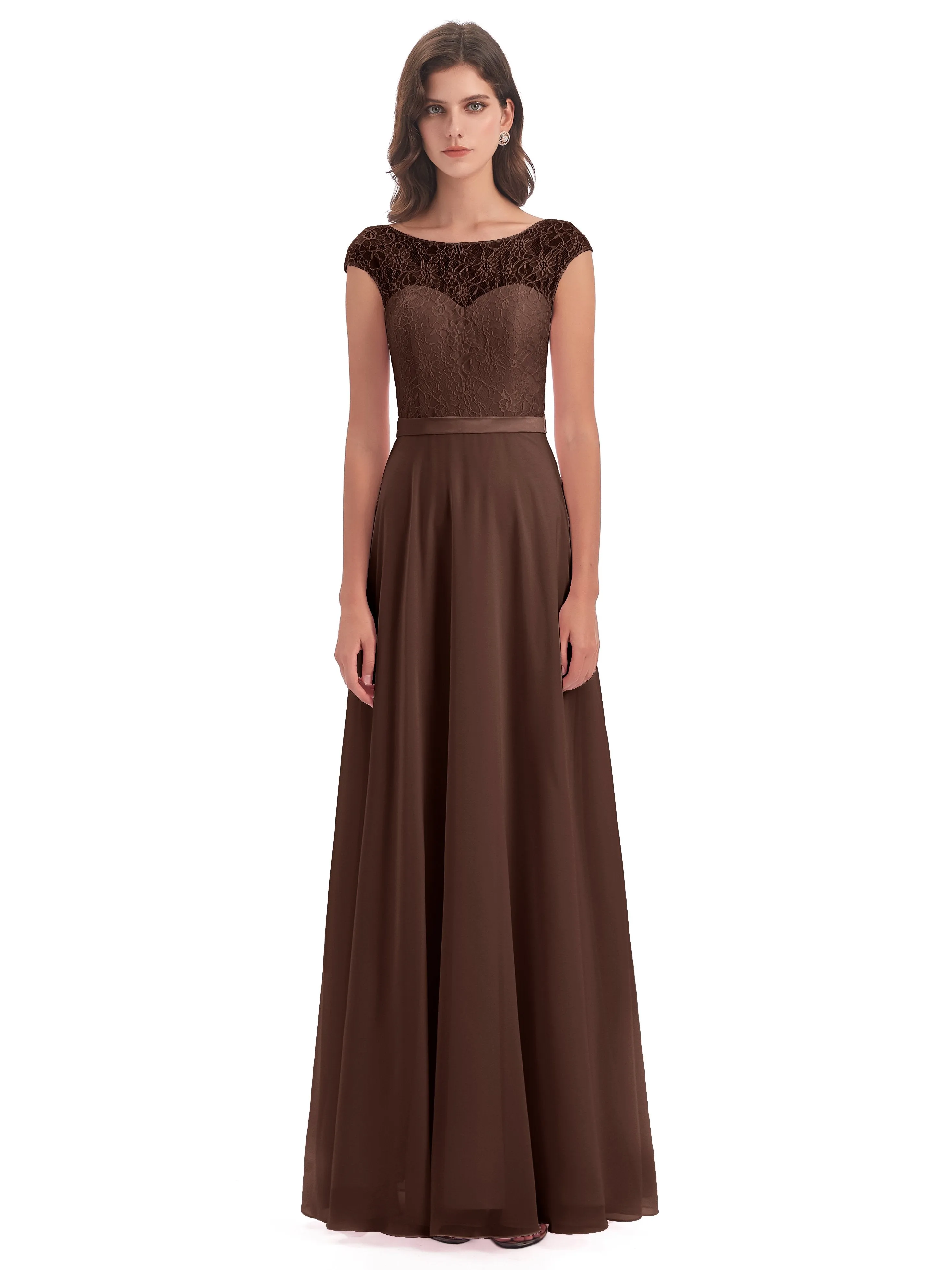 Anna Elegant Lace Cap Sleeves Long Bridesmaid Dresses