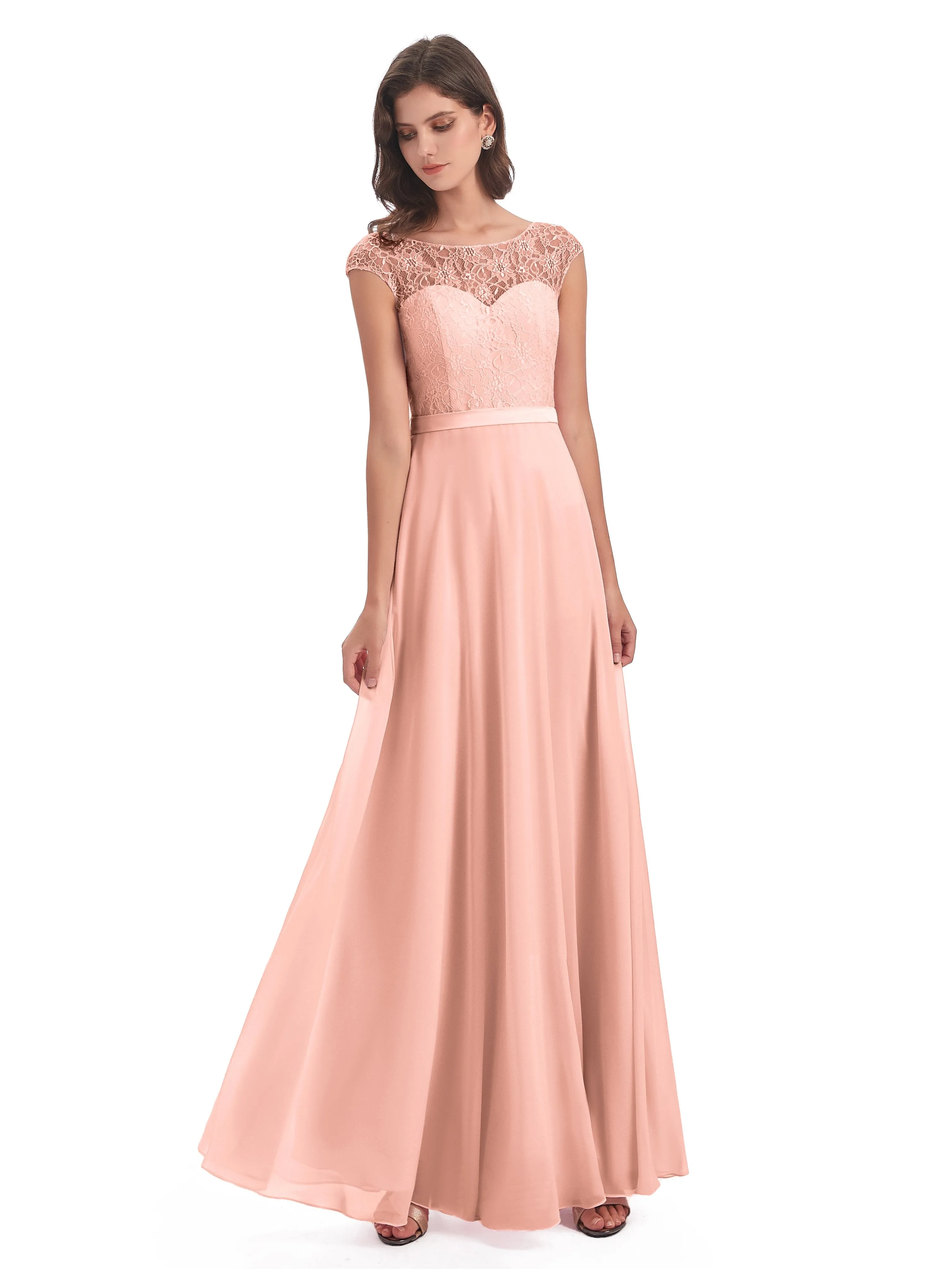 Anna Elegant Lace Cap Sleeves Long Bridesmaid Dresses