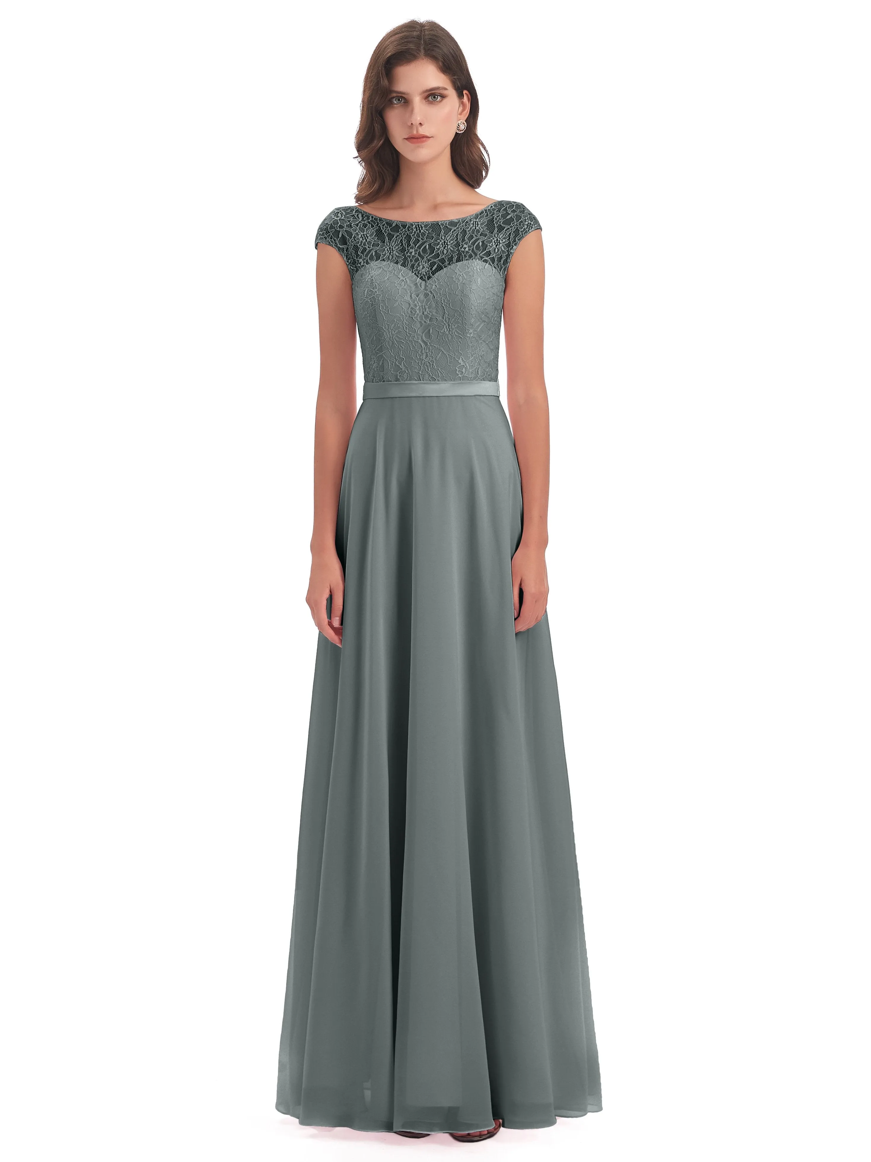 Anna Elegant Lace Cap Sleeves Long Bridesmaid Dresses